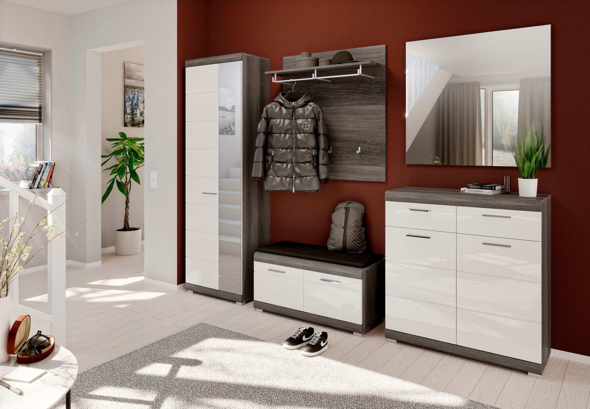 INOSIGN Garderoben-Set »Siena, Fronten mit hochwertiger Rillenfräsung, 5-teilig,bestehend aus:«, (3 St.), Garderobenschrank, Sitzbank, Garderobenpaneel, Schuhschrank, Spiegel