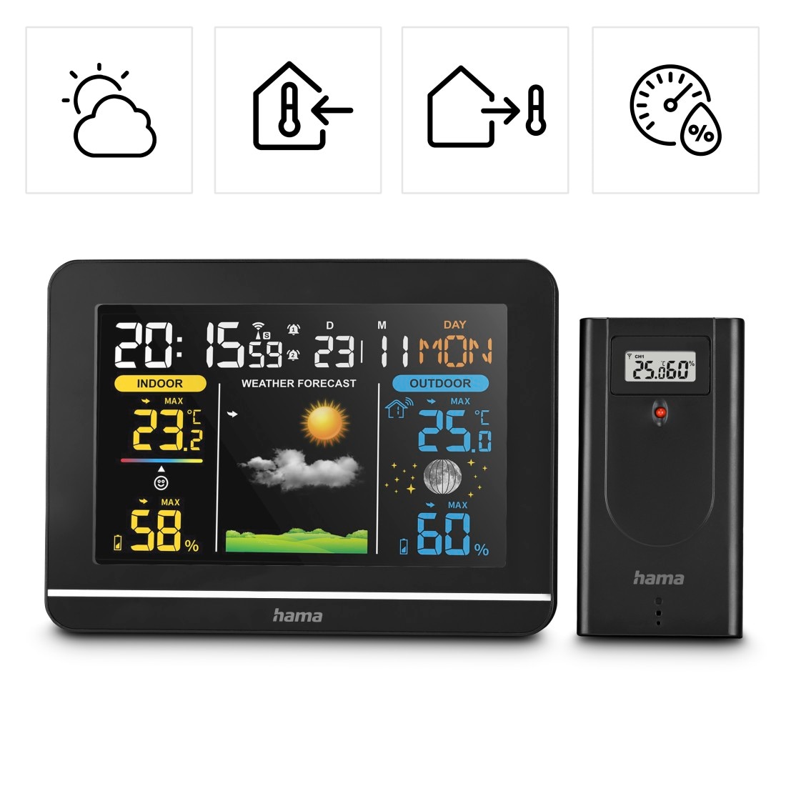 Hama Wetterstation »Wetterstation mit Farbdisplay, Außensensor, Wetter, Alarm, Temparatur« () Weckerfunktion, Schlummerfunktion, Mondphasenanzeige