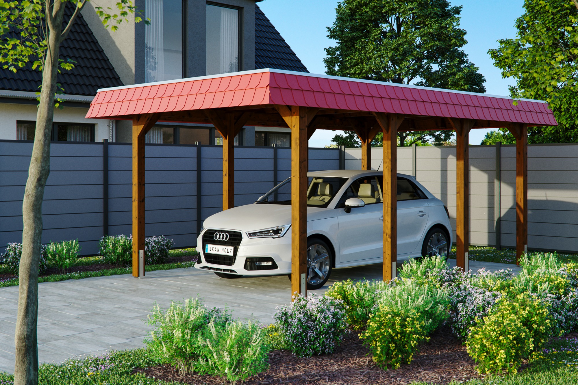 Skanholz Einzelcarport »Spreewald«, Nadelholz, 285 cm, Nussbaum, 345x589cm mit EPDM-Dach, rote Blende