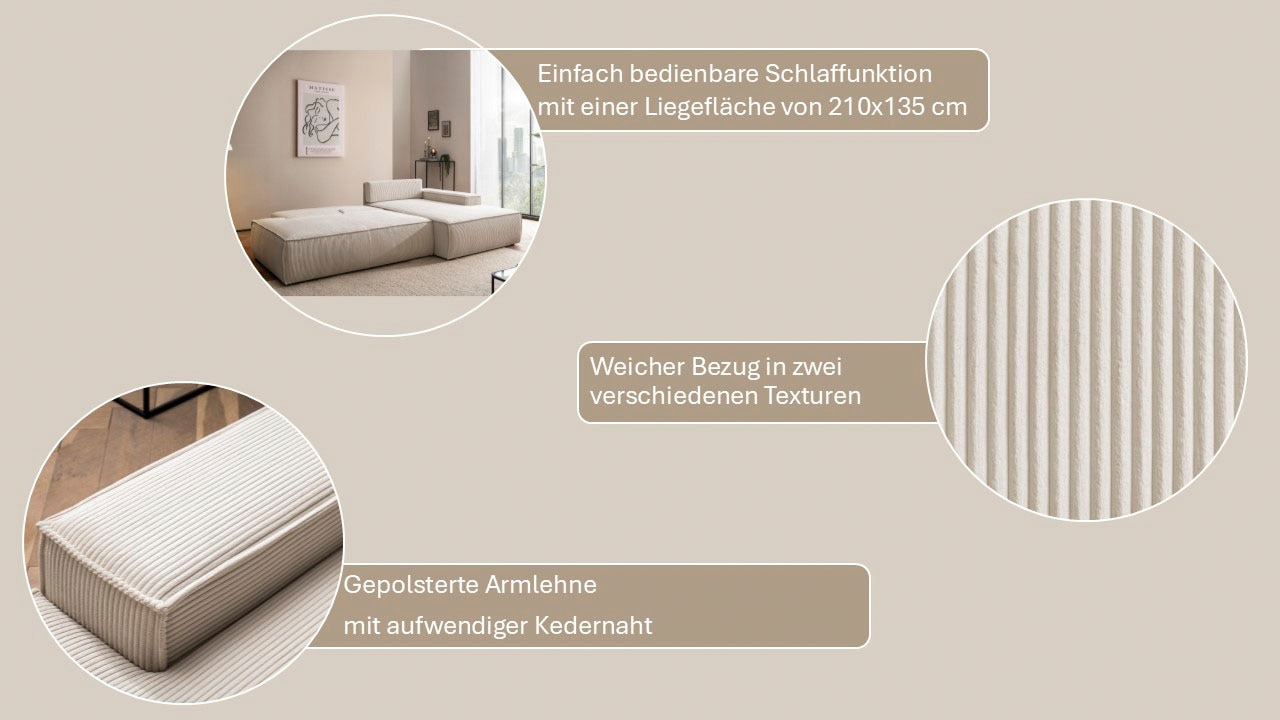 Home affaire Ecksofa »SHERWOOD, Schlafsofa in L-Form offen (275cm), Cord, Leinenoptik«, Schlaffunktion und Bettkasten, Kedernaht, hoher Sitz- & Liegekomfort