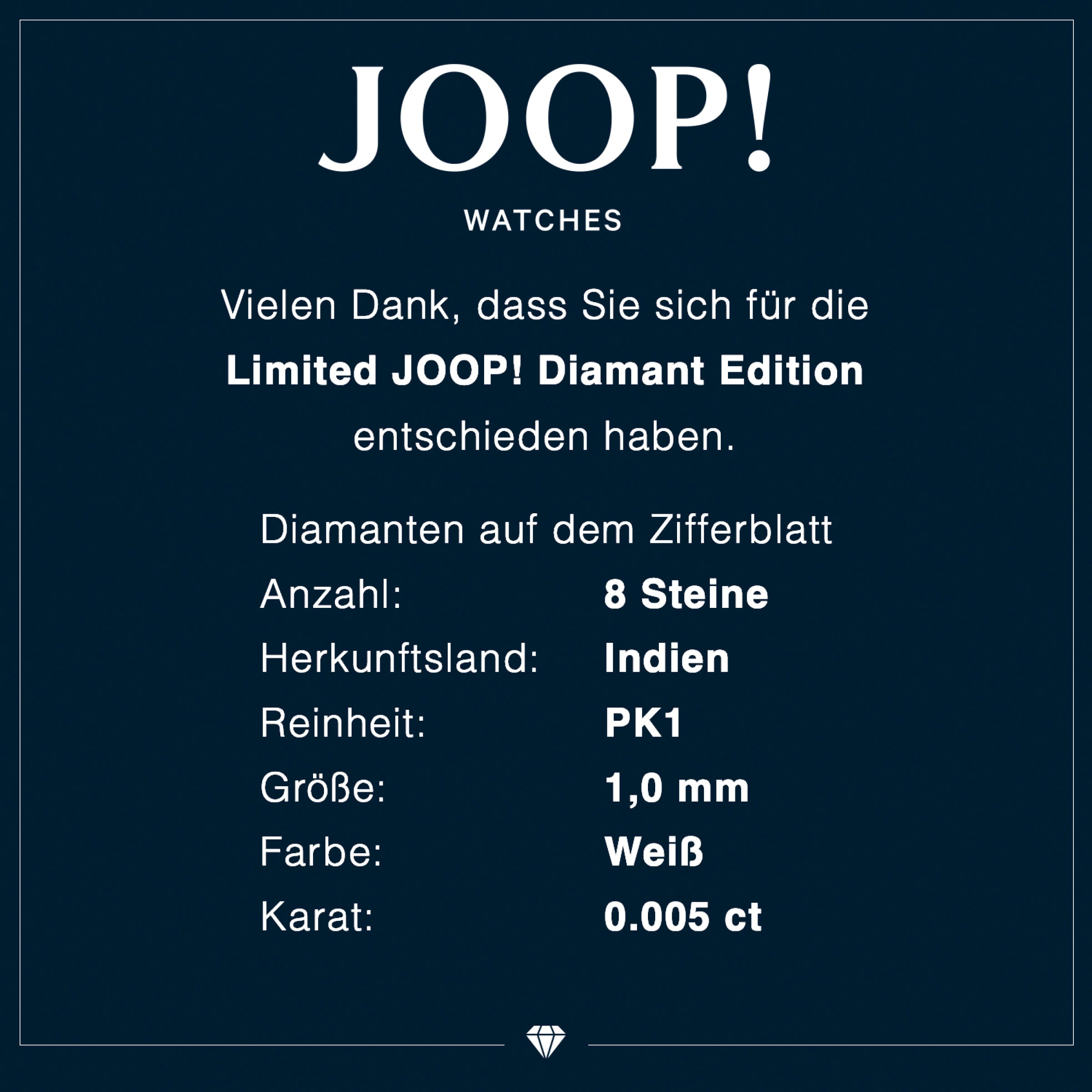 JOOP! Quarzuhr, Armbanduhr, Damenuhr, Edelstahlarmband, analog, Diamant