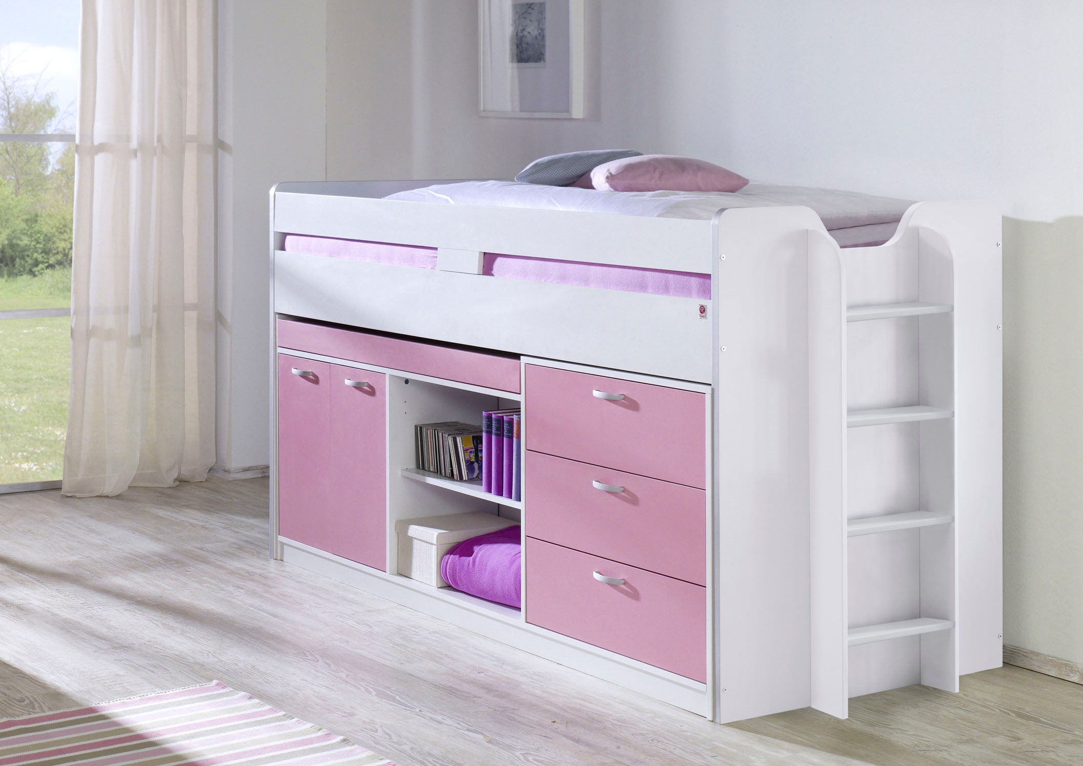 Hochbett „Robby“, LF 90 x 200 cm, mit Absturzschutz u. Stauraum, diverse Farben, weiß/rosa