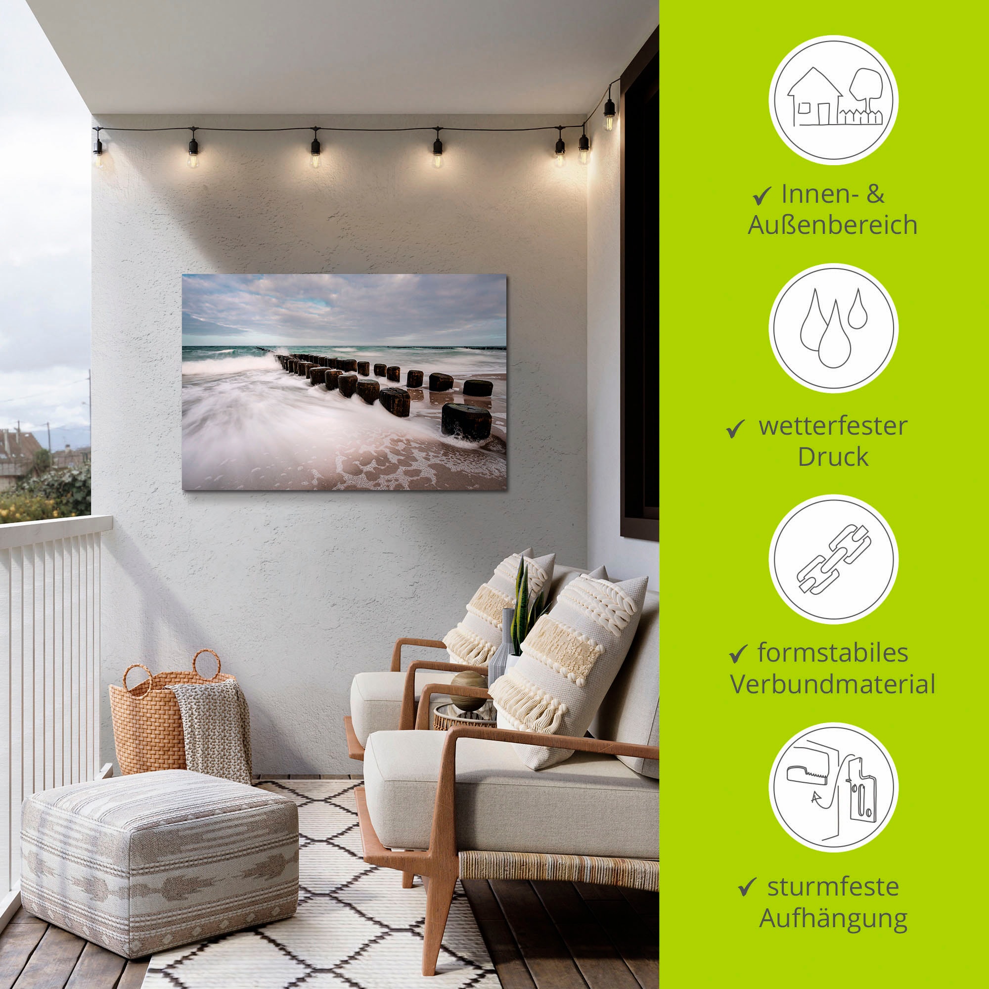 Artland Wandbild »Buhnen an Ostsee an stürmischen Tag«, Küstenbilder, (1 St.), als Alubild, Outdoorbild, Leinwandbild in verschied. Größen