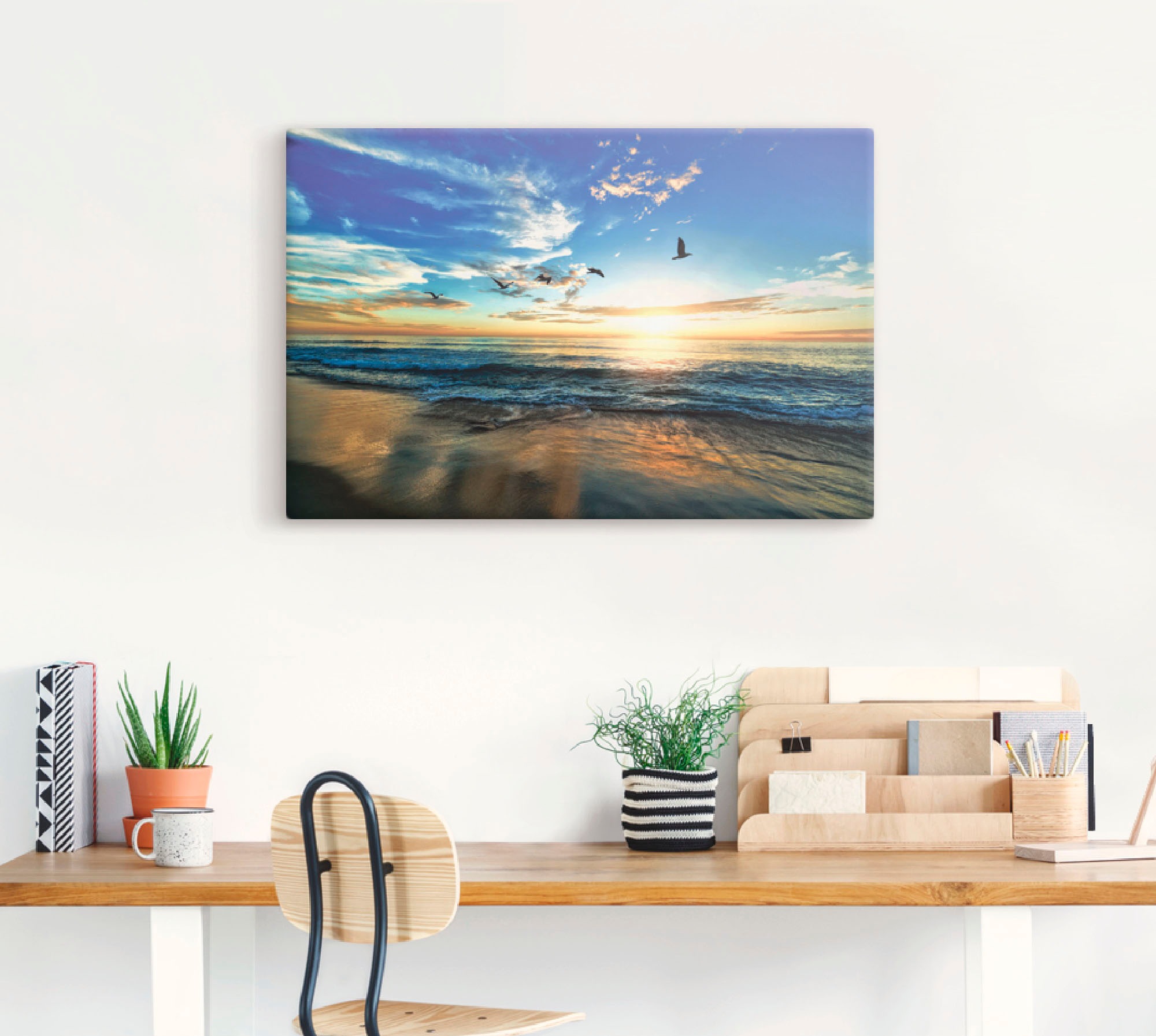 Artland Wandbild »Strand Möwen Meer Sonnenuntergang«, Sonnenaufgang & -untergang, (1 St.), als Alubild, Outdoorbild, Leinwandbild, Poster, Wandaufkleber