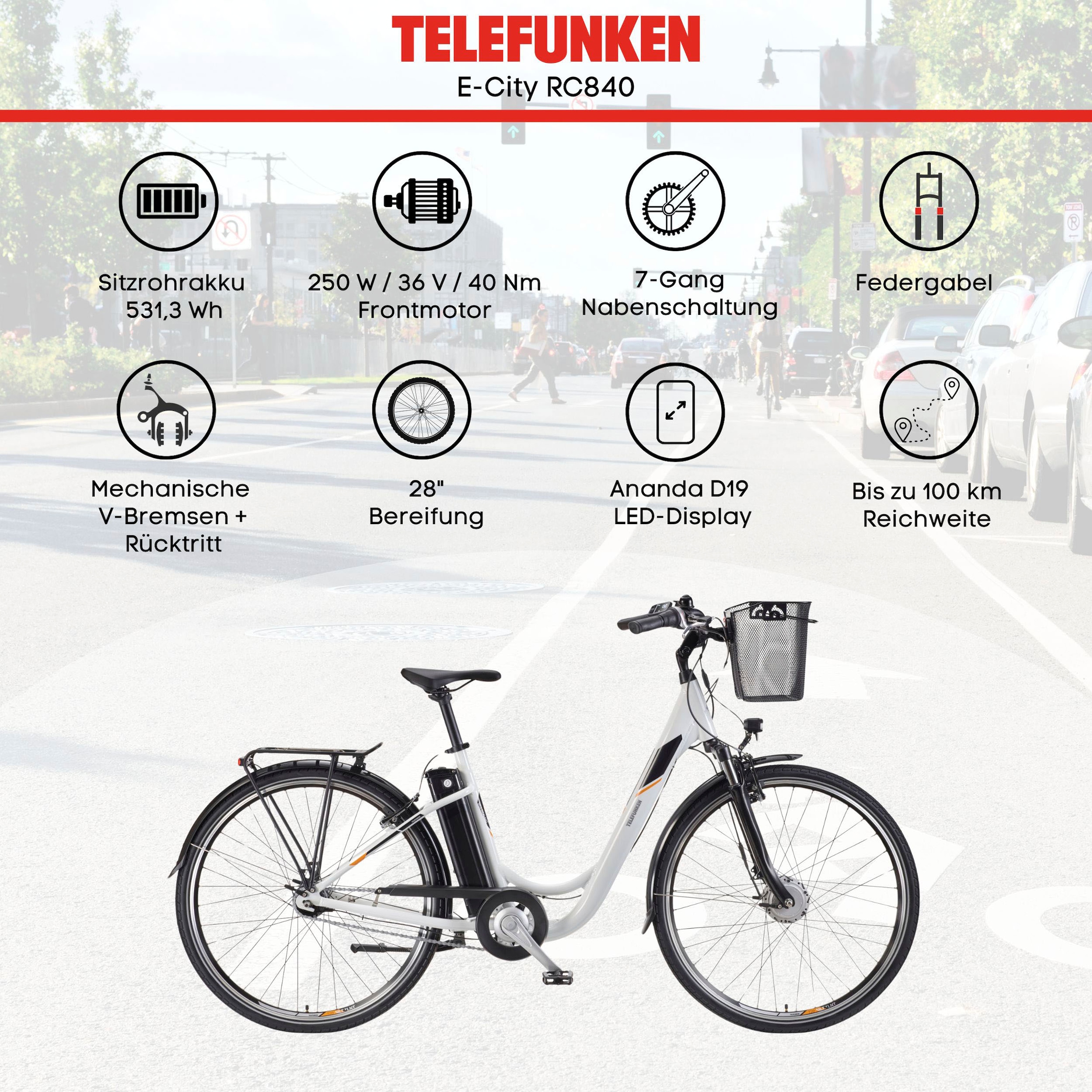 Telefunken E-Bike »Multitalent RC840«, 7 Gang, Shimano, Nexus, Frontmotor 250 W, Pedelec, Elektrofahrrad für Damen u. Herren