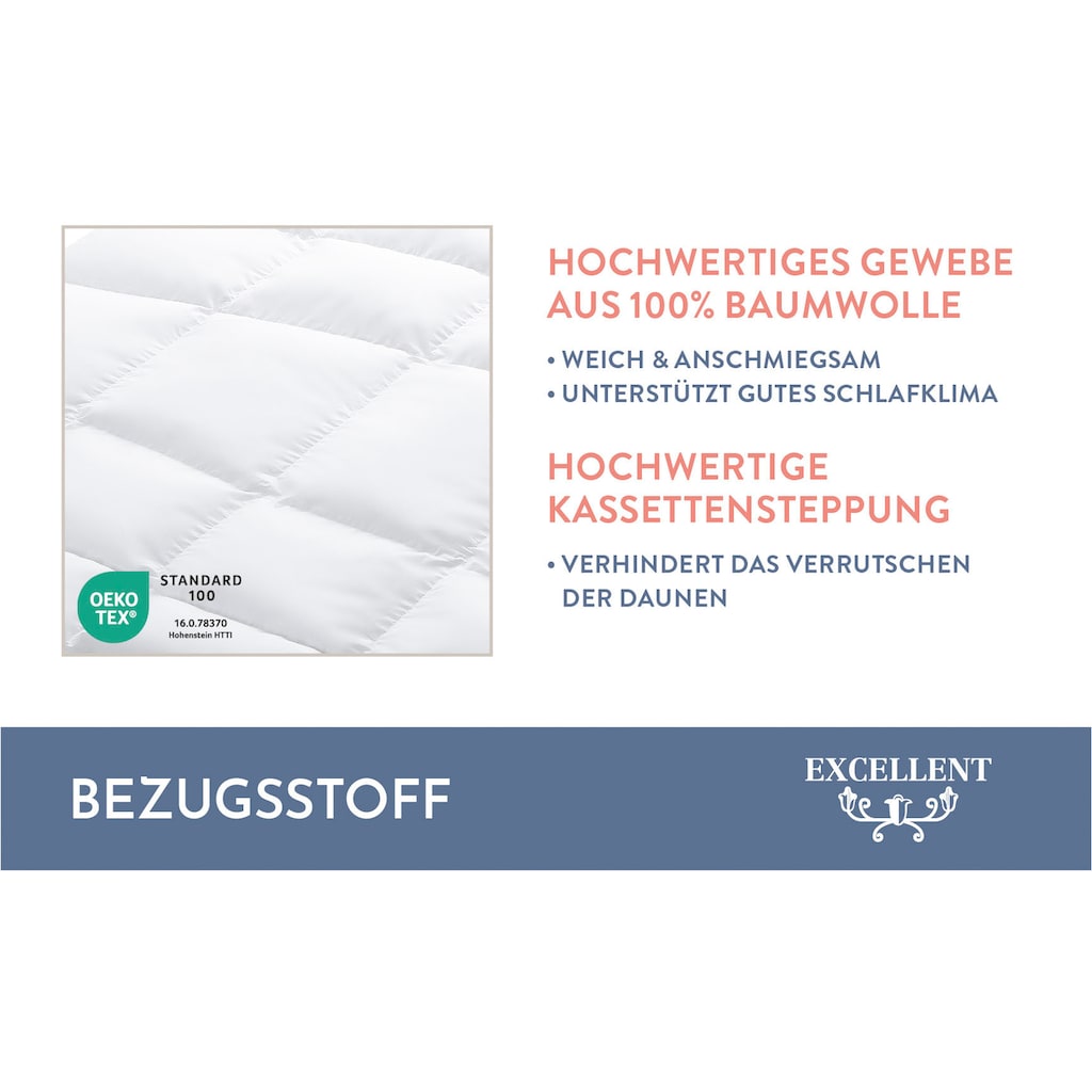 Excellent Daunenbettdecke »Zürich, Bettdecken für Sommer und Winter, Decke«, leicht, Füllung 100% Daunen, Bezug 100% Baumwolle, (1 St.)