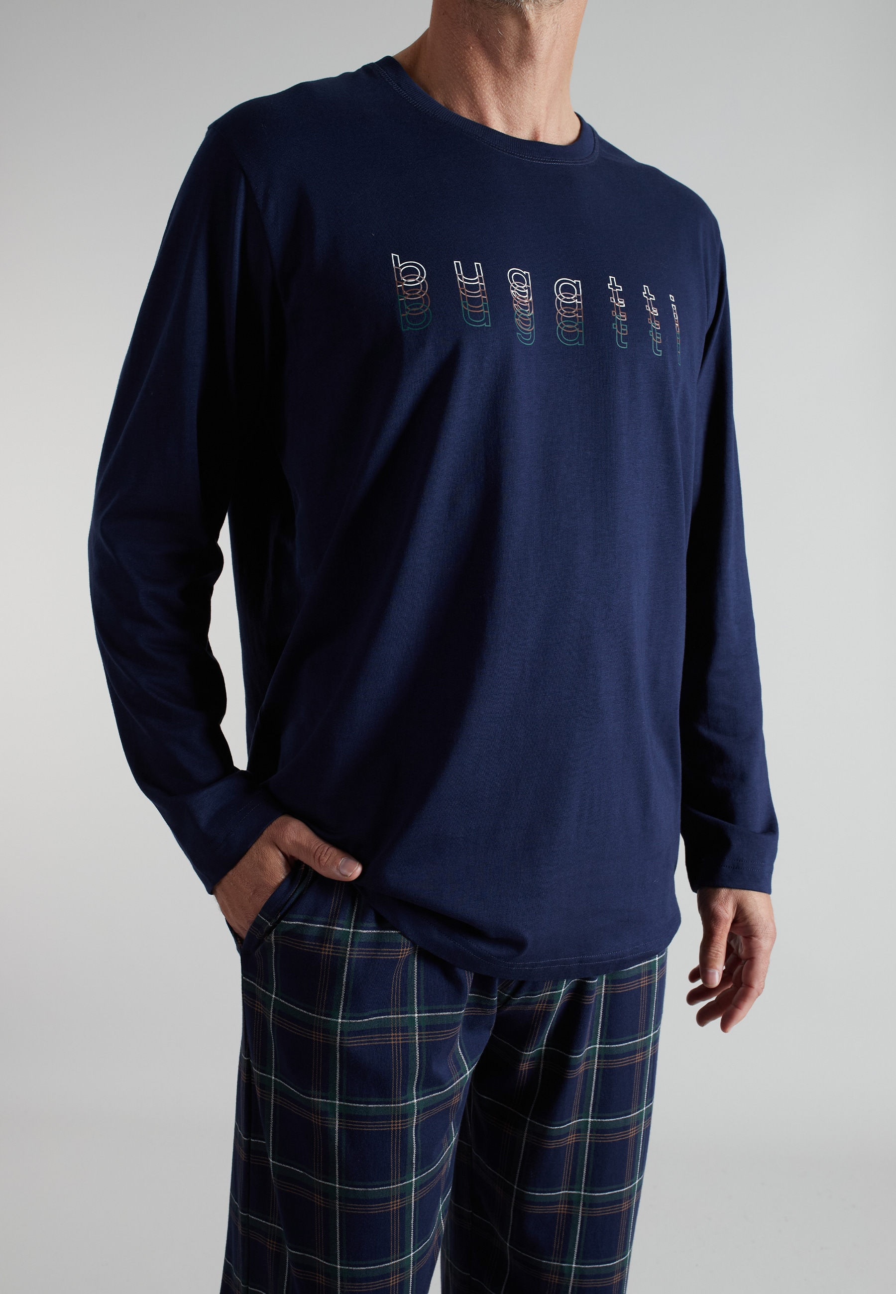 bugatti Pyjama Langarm, Rundhalsausschnitt, mit Logo, kariert, Baumwolle