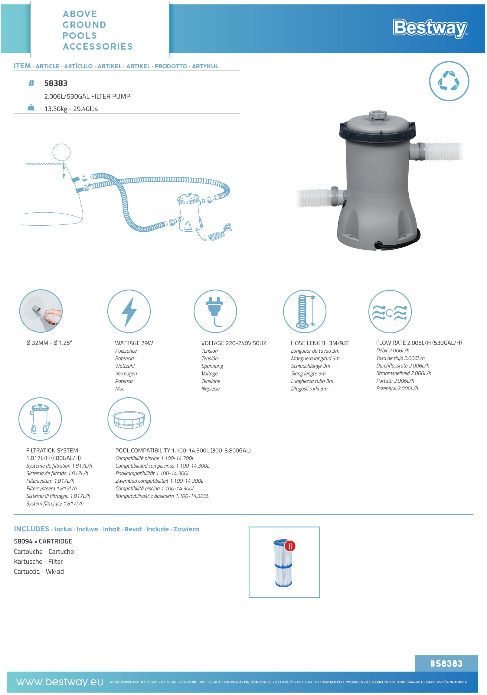 Bestway Kartuschen-Filterpumpe, 2.006 l/h, 40 W, für Pools von 1.100-14.300 l