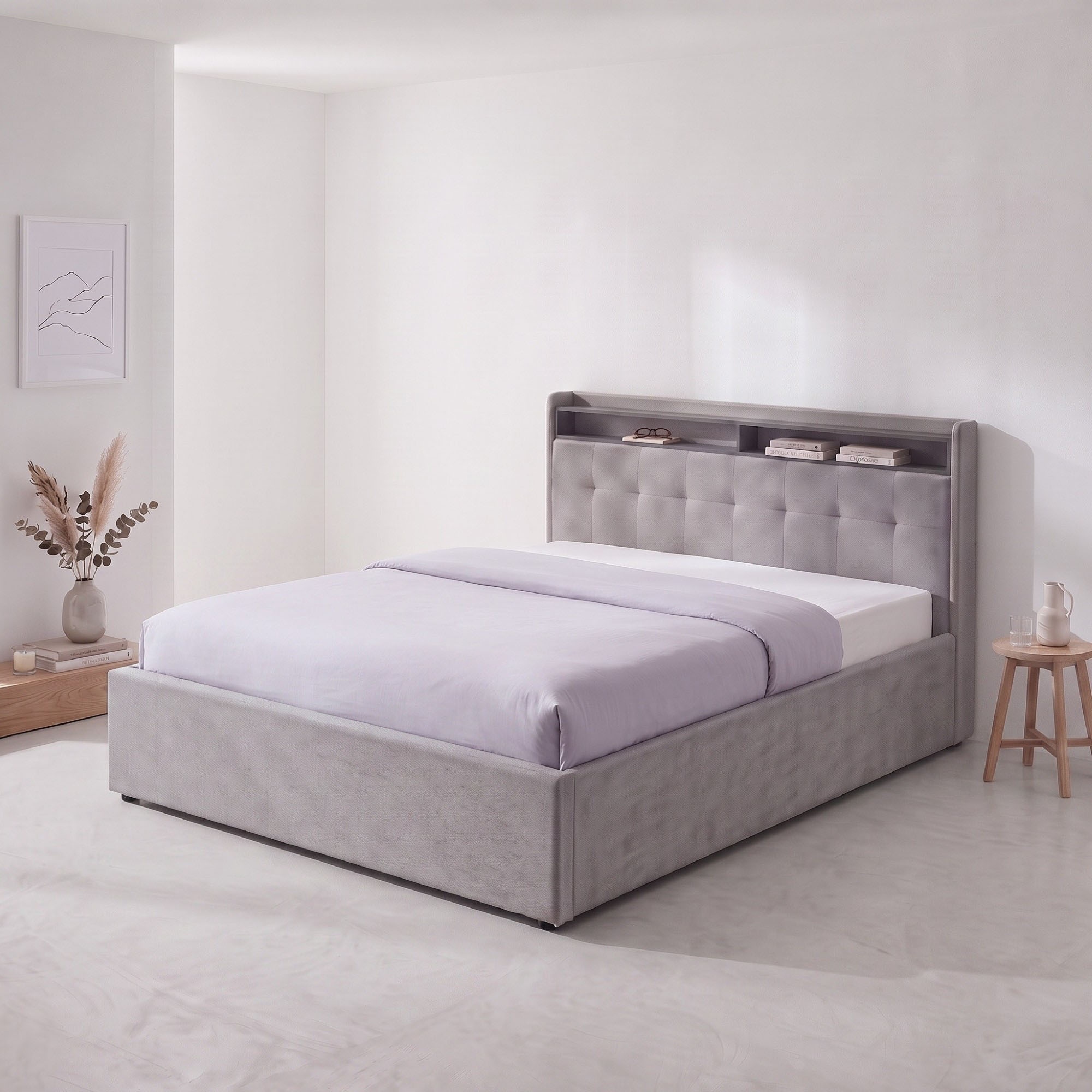 OTTO home Polsterbett »Hamar, beleuchtetes Regal, USB/ USB-C, bis 250 KG belastbar« LED-Licht und USB und USB-C Ladegerät im Kopfteil, Knopfsteppung
