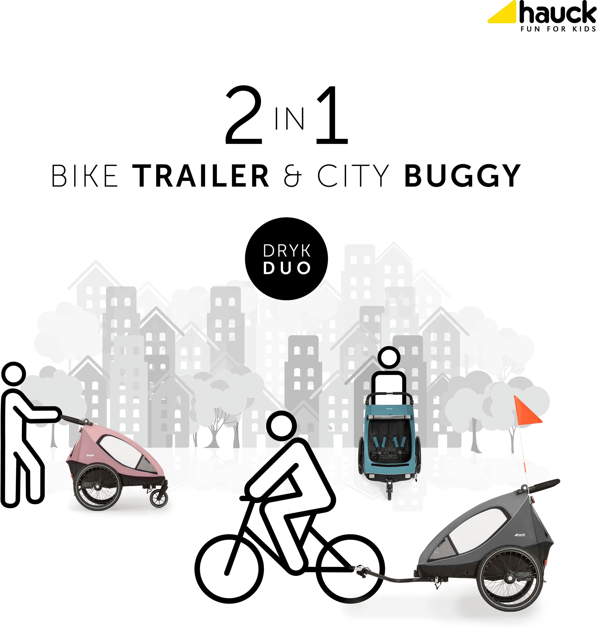 Hauck Fahrradkinderanhänger »2in1 Bike Trailer und Buggy Dryk Duo, rose«, für 2 Kinder; inklusive Deichsel