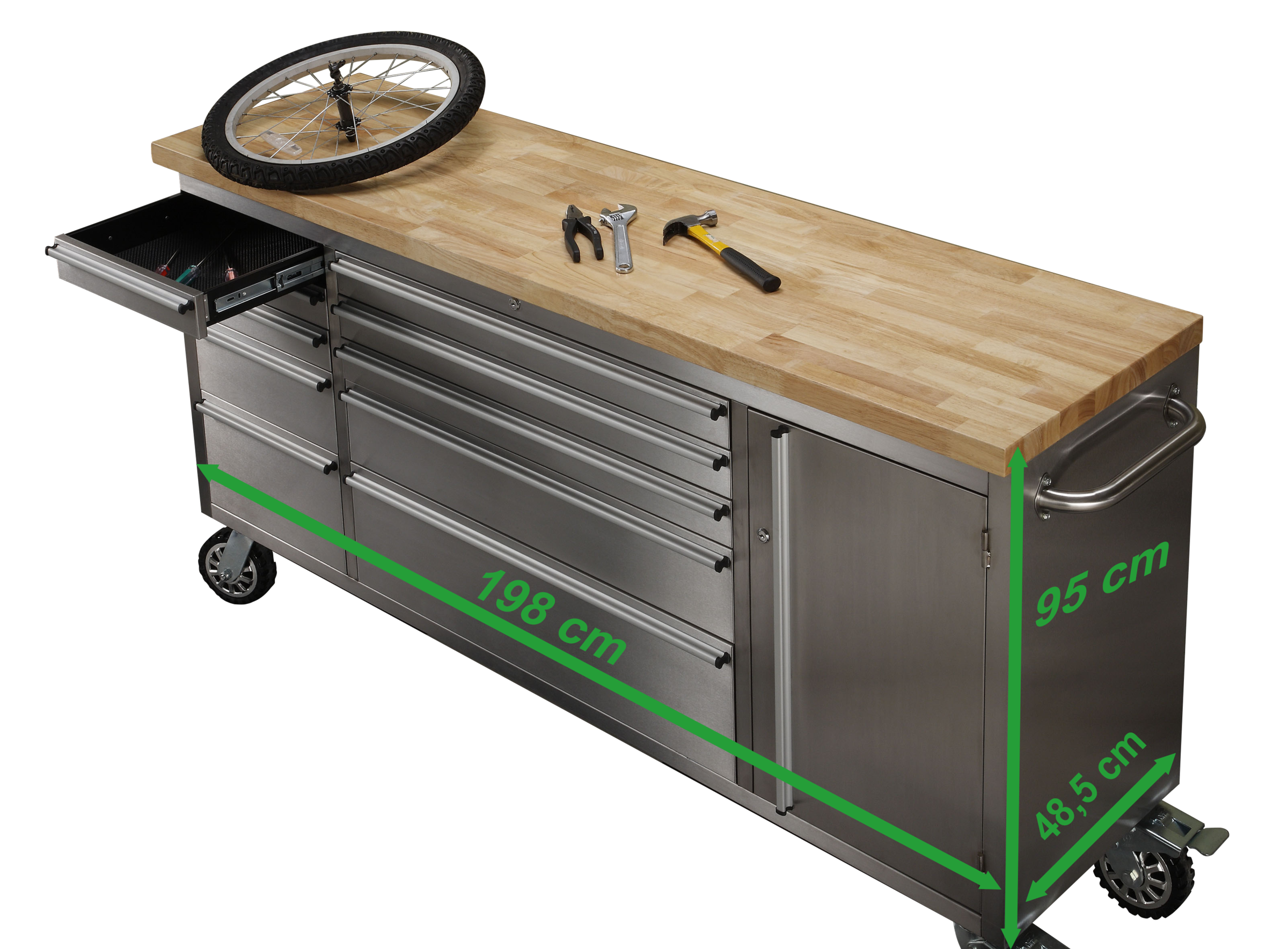 ONDIS24 Werkstattwagen »Werkzeugwagen aus Edelstahl mit 1 Tür 10 Schubladen« fahrbar, kugelgelagerten Schubladen, abschließbar, Massivholzplatte