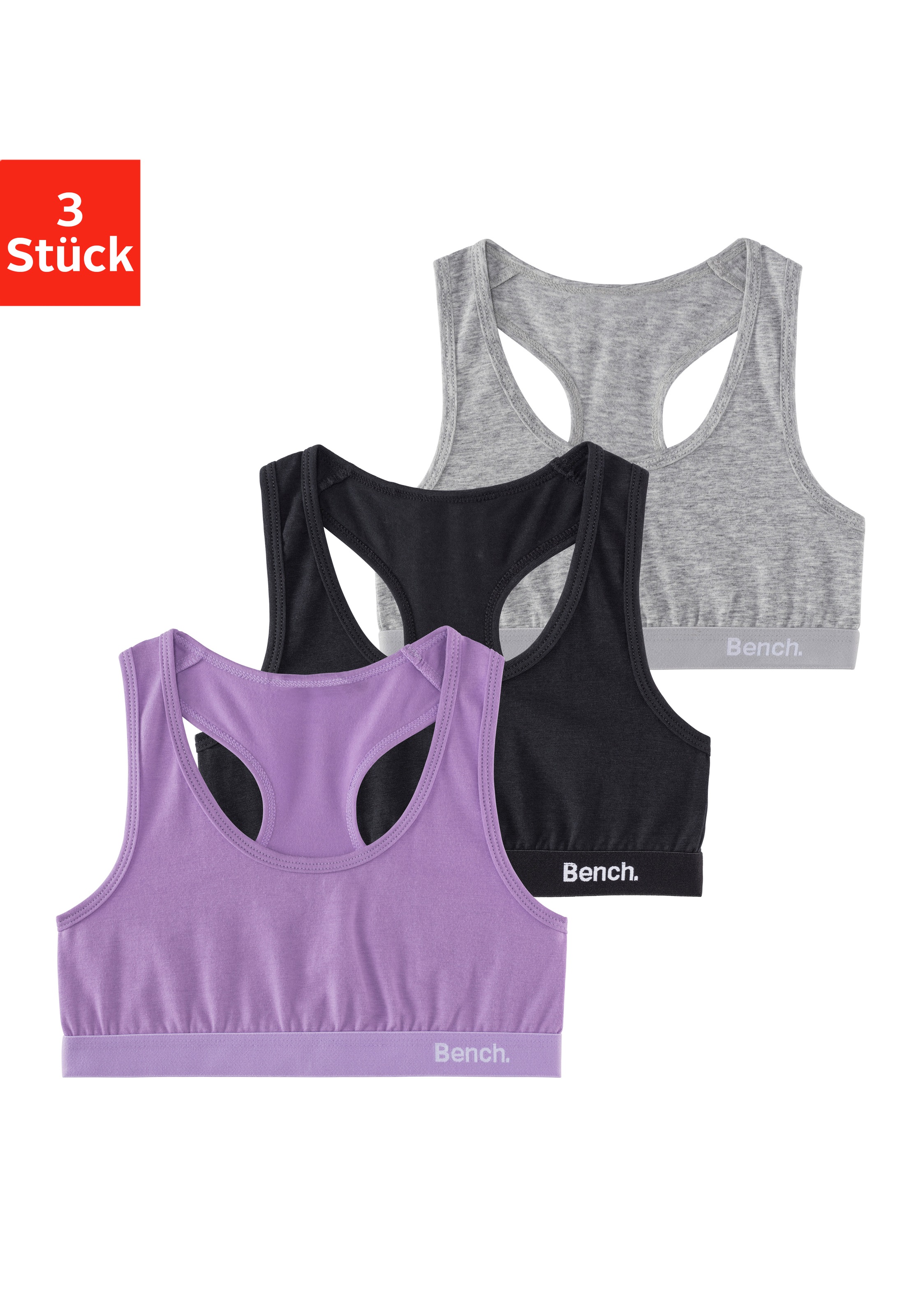 BENCH. Bustier Packung, 3 tlg., im sportlichen Look mit Ringerrücken lila / schwarz / grau 158/164 - N-Gr N-Gr 158/164 Bench Bustiers im dreier...