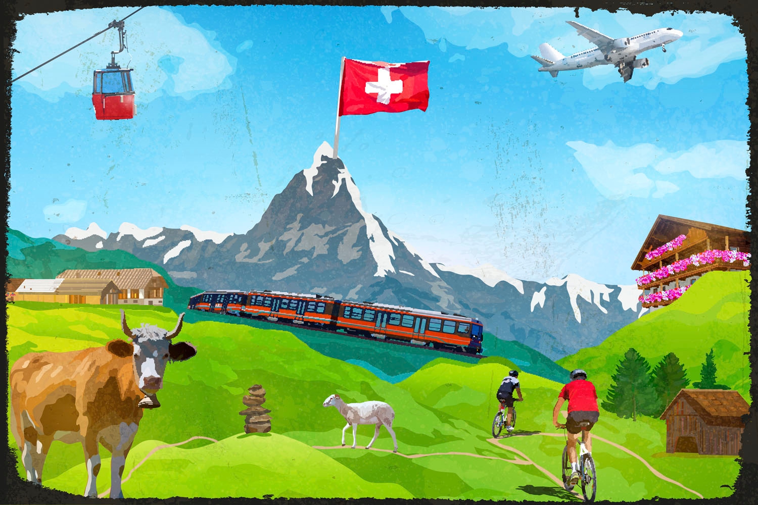 queence Metallbild »Schweizer Urlaub« Berge & Alpenbilder | Kuh | Kuhbilder | Schriftzüge | Tiere 1 Stk. tlg. Stahlschilder