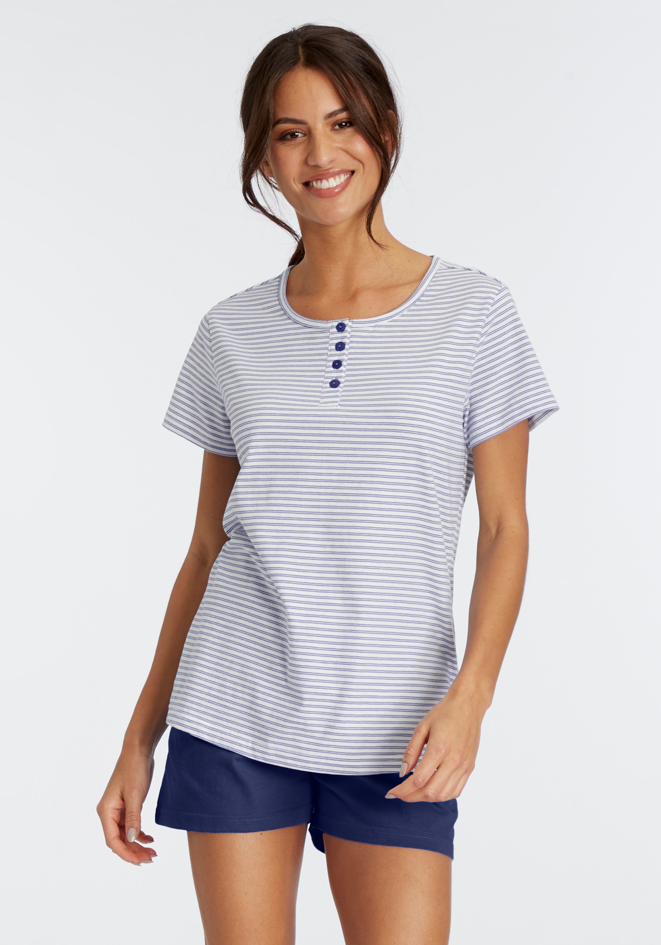 VIVANCE DREAMS Shorty Set, 2 Stk. tlg., mit garngefärbten Streifen dunkelblau-gestreift 32/34 32/34 Shorty mit garngefärbten Streifen