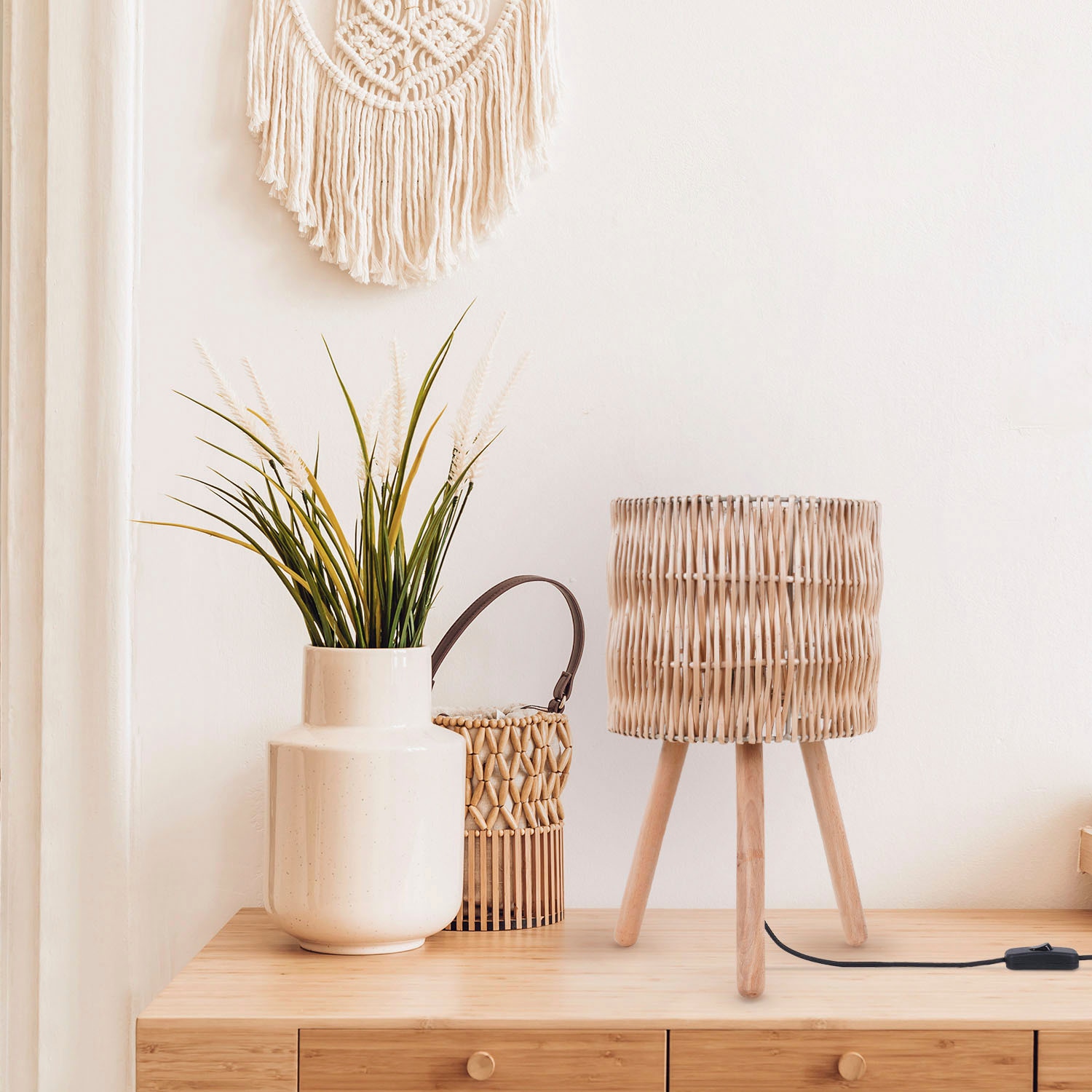 Paco Home Tischleuchte »JORGE« E27 Schreib  Nacht Lampenschirm Korb Boho Holz E27