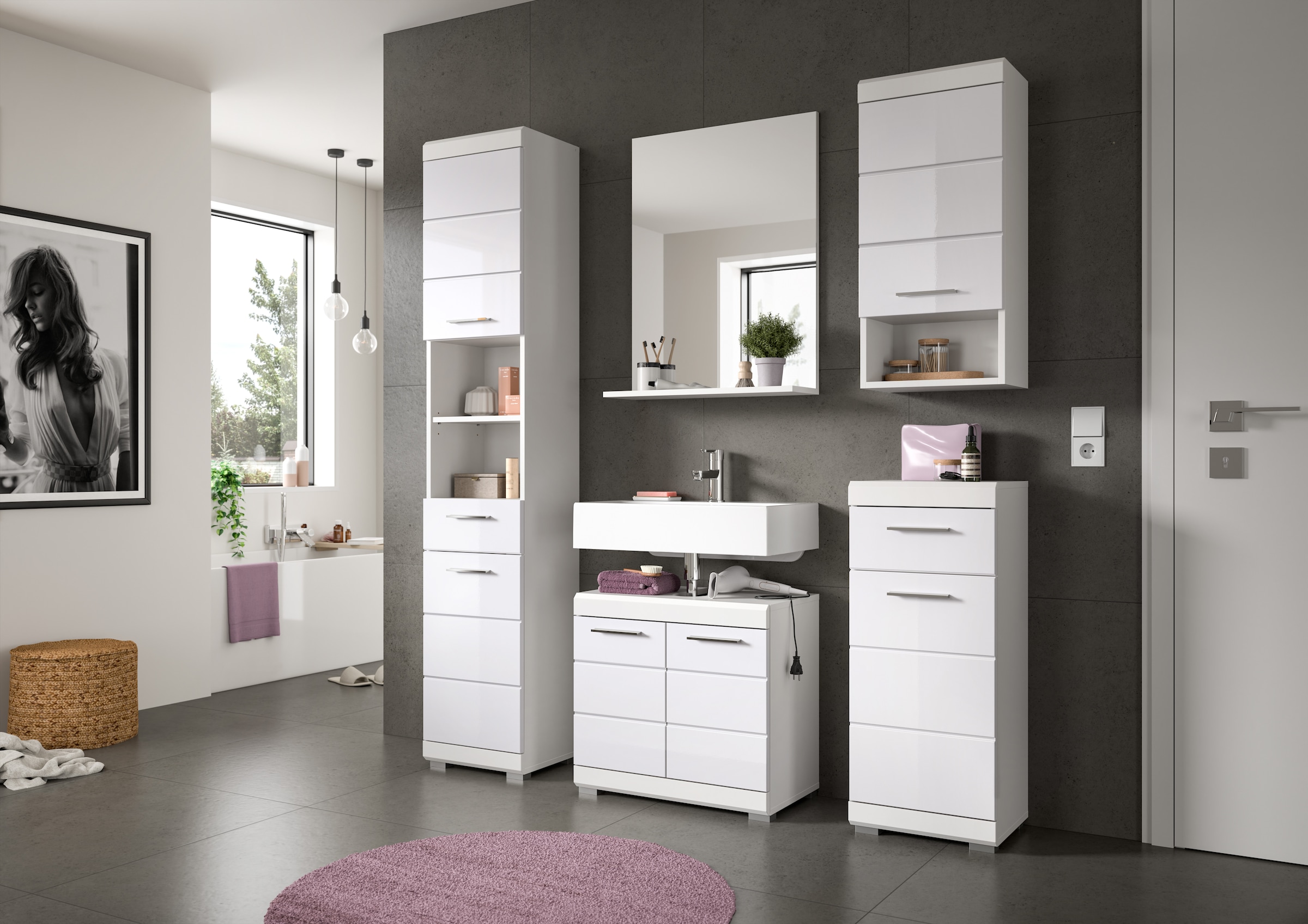 INOSIGN Badmöbel-Set »Siena, 5 teilig, bestehend aus:«, (Set, 5 St.), Hochschrank, WBU, Spiegel, Unterschrank, Hängeschrank