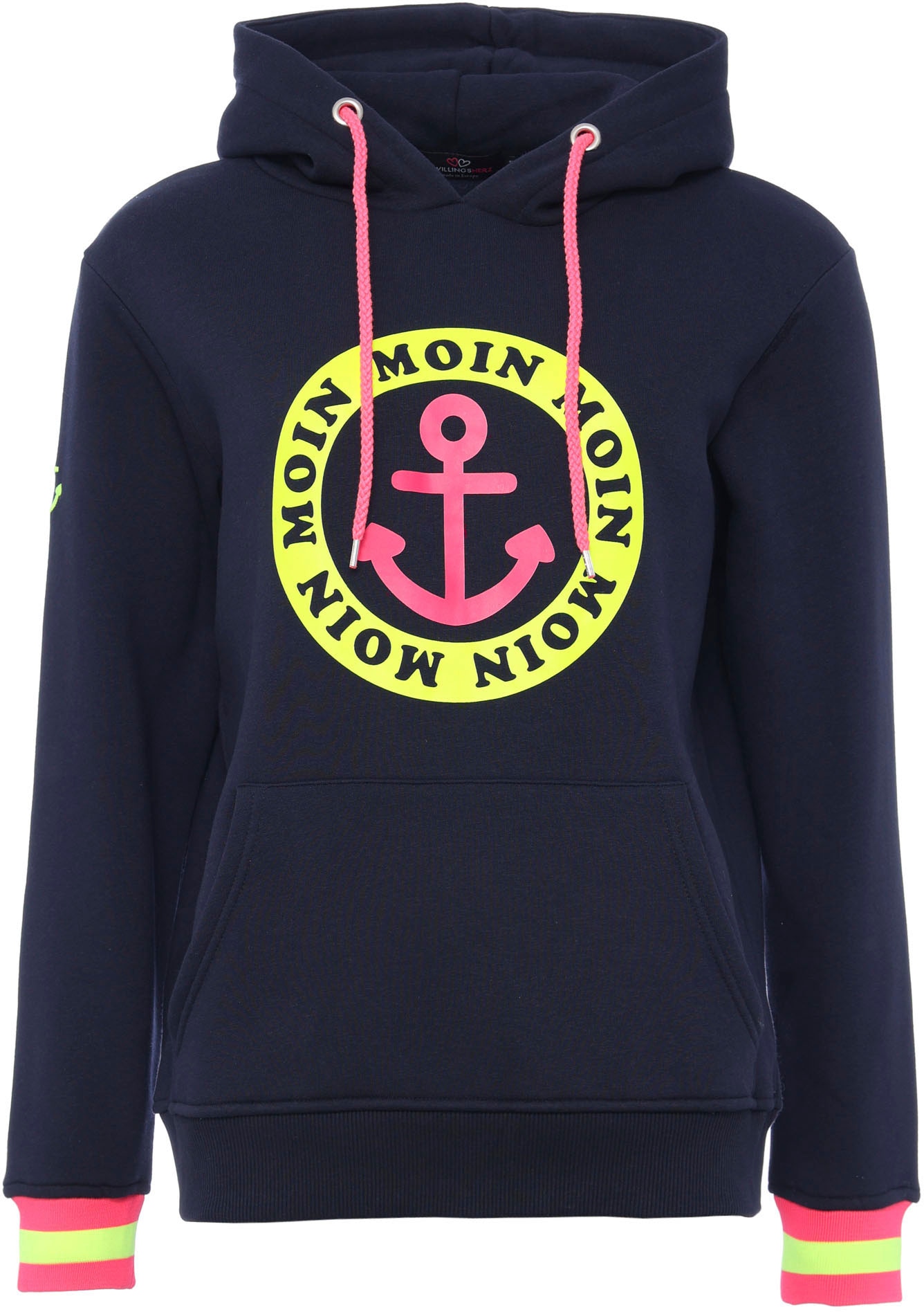 Zwillingsherz Hoodie, mit Aufschrift Moin und Anker in Neonfarben