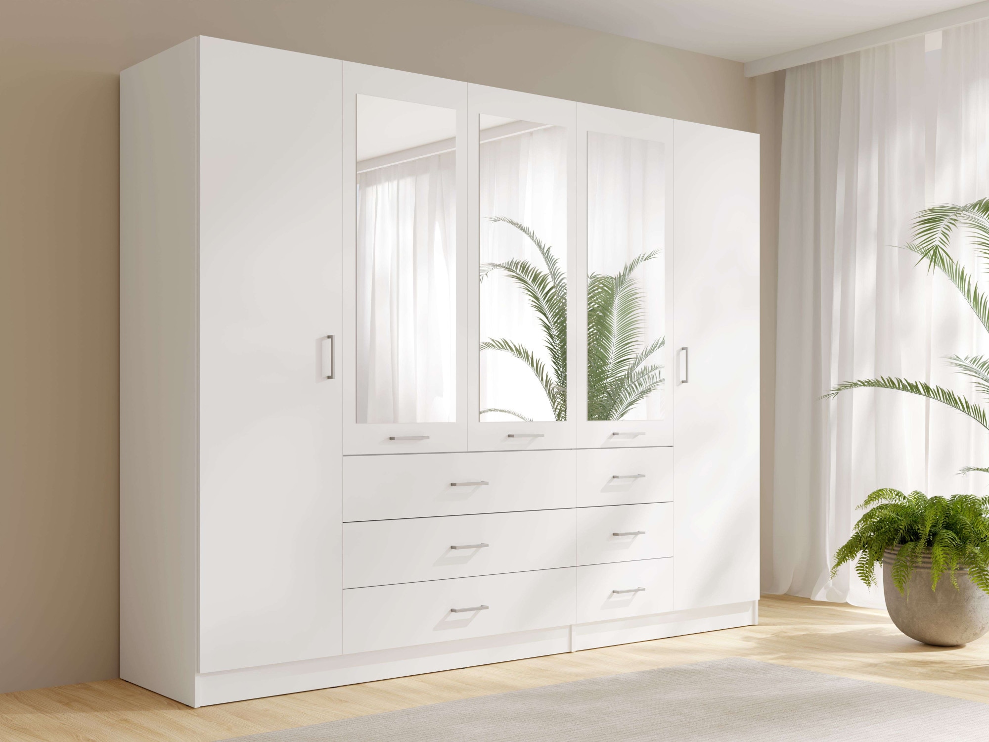 Home affaire Kleiderschrank »KOS Garderobe mit 6 Schubladen, Kleiderstange, 5 Einlegeböden, Spiegel«, Wäscheschrank mit 5 Drehtüren, silber Griffen, Maße B/H/T 250/200/58cm