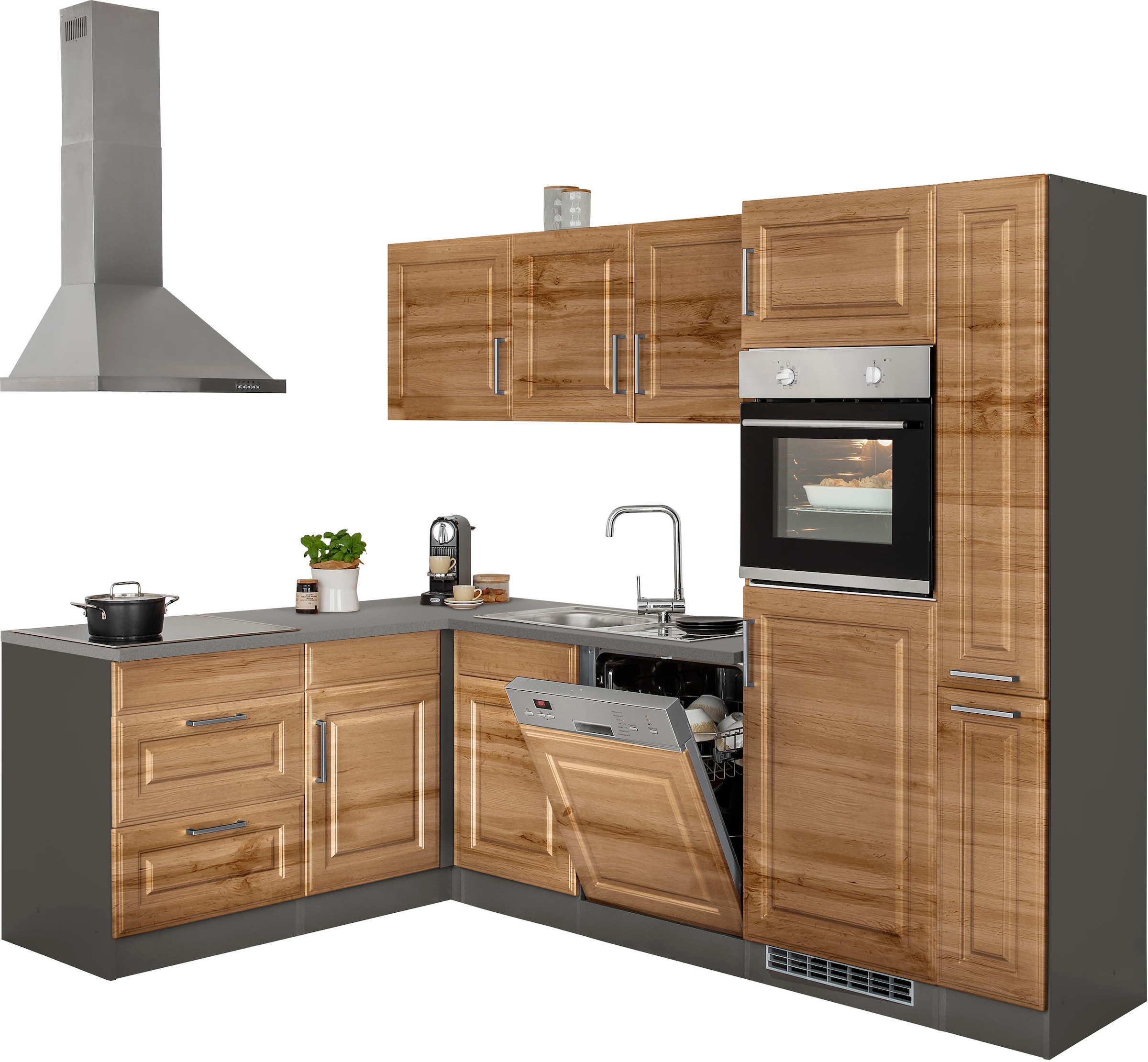KOCHSTATION Winkelküche »KS-Stockholm«, Stellbreite 260/170 cm, mit hochwertigen MDF Fronten im Landhaus-Stil