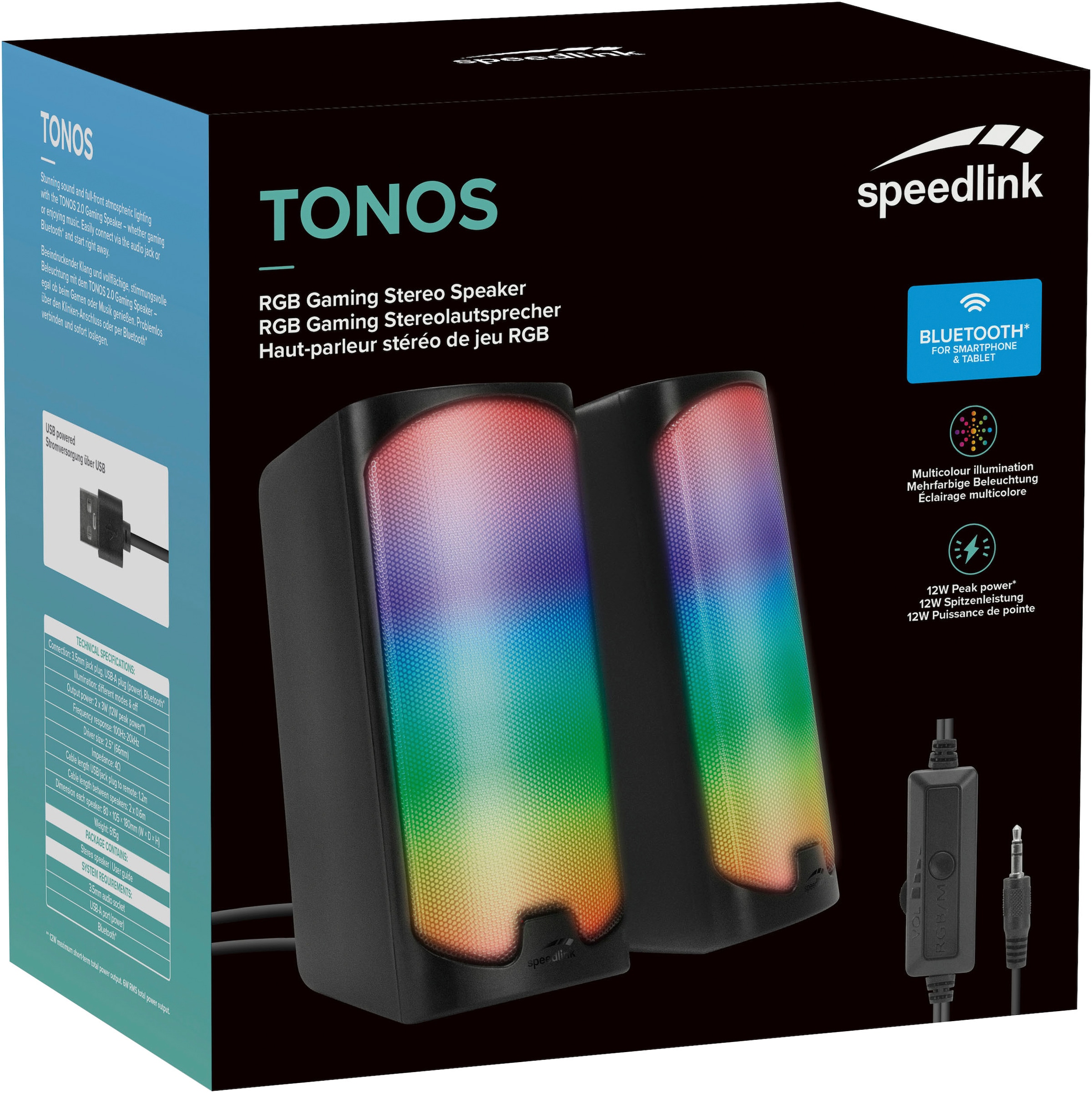 Speedlink PC-Lautsprecher »TONOS RGB Gaming Stereo Speaker«, RGB Beleuchtung, Bluetooth Verbindung zum Smartphone, Tablet, etc.
