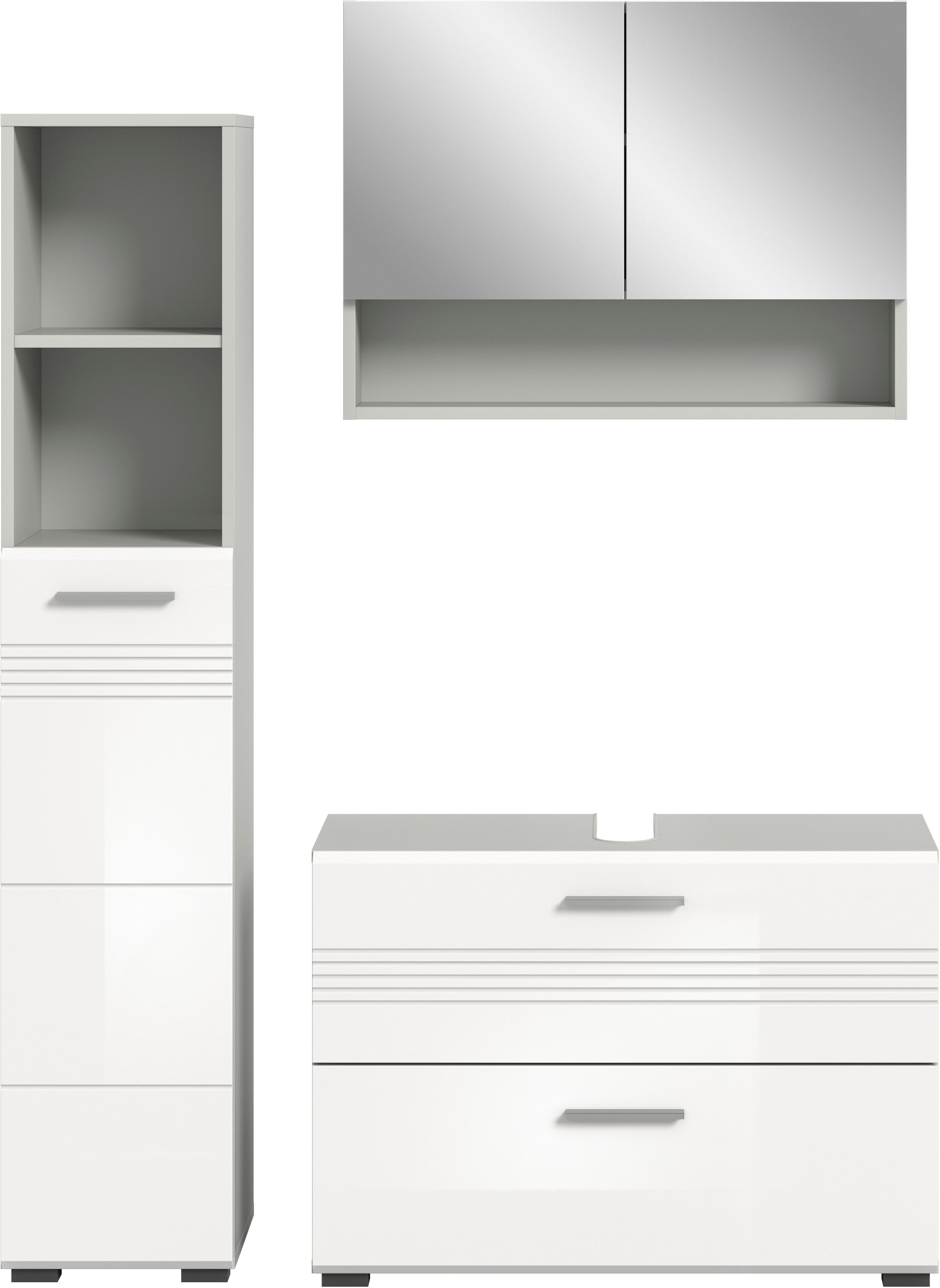 welltime Badmöbel-Set »Calicio, bestehend aus:Waschbeckenunterschrank,Hoch-und Spiegelschrank« 3 Stk. tlg. Spiegelschrank, hochwertige MDF Front mit Rillenfräsung