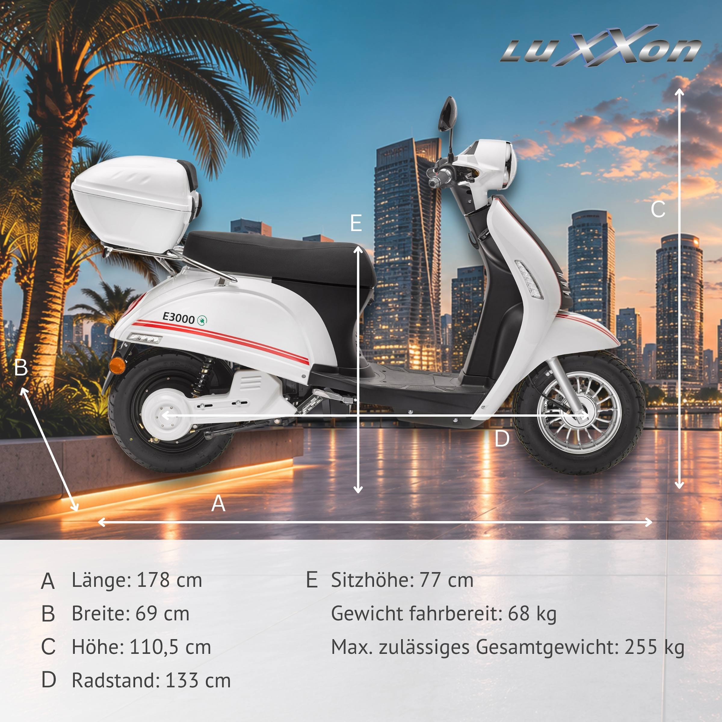 Luxxon E-Mofaroller »E 3000« bis zu 65 km Reichweite, mit Straßenzulassung, 2 Sitzplätze