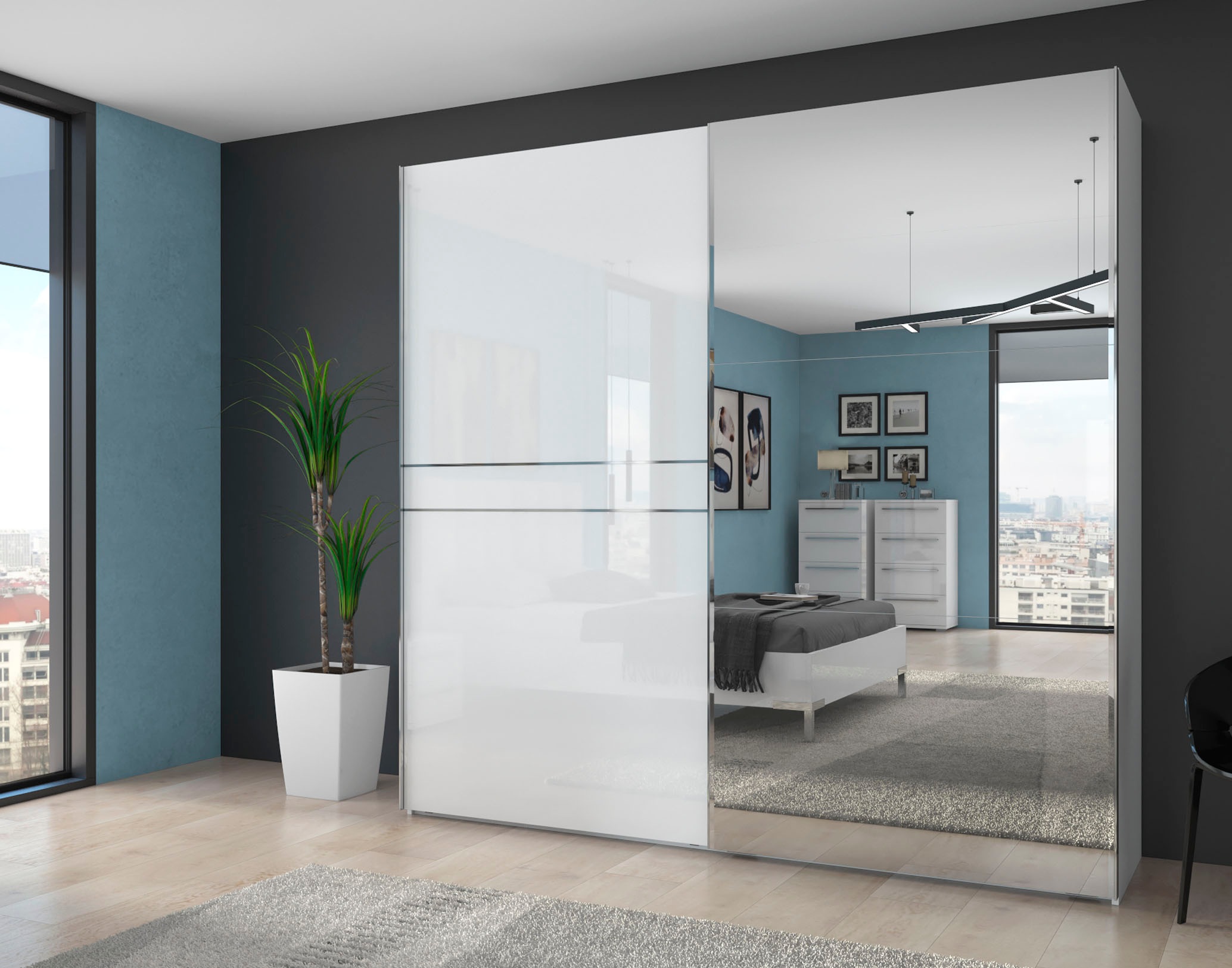 Places of Style Schwebetürenschrank »Piano, mit Einlegeböden und Kleiderstangen, Türen soft-close-Funktion«, (in 3 Breiten, 224cm hoch), mit Spiegeltür, FSC-zertifizierter Holzwerkstoff