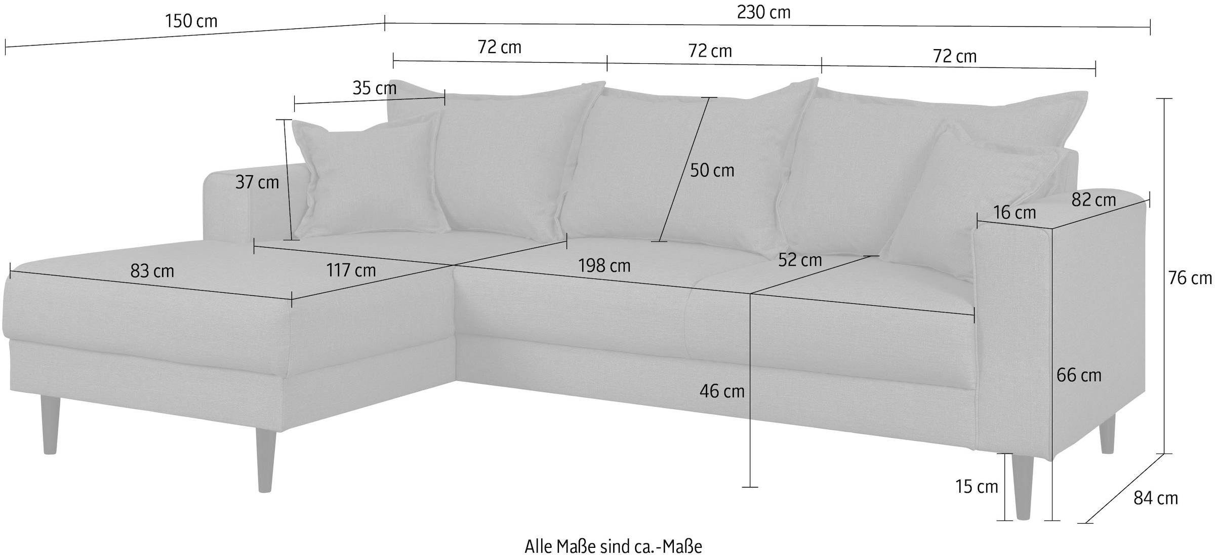 Home affaire Ecksofa »VEYRAS L-Form, hoher Sitzkomfort, Maße B/T/H: 230/150/76 cm«, mit Wellenunterfederung, incl. Rückenkissen und Zierkissen