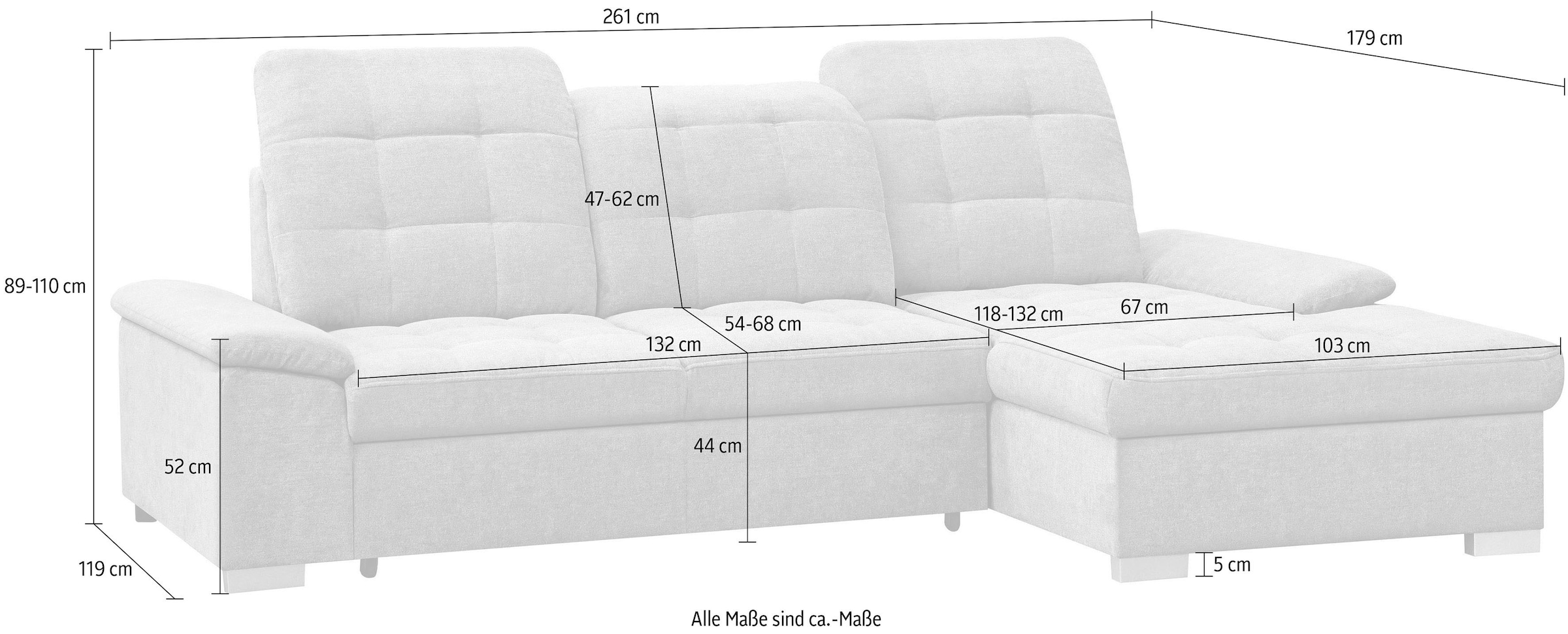 WERK2 Ecksofa »Carmen 264 cm breit L-Form Sofa Schlaffunktion Kopfstützen verstellbar« Schlafcouch mit Bettkasten, Eckcouch wahlw. mit Sitztiefenverstellung