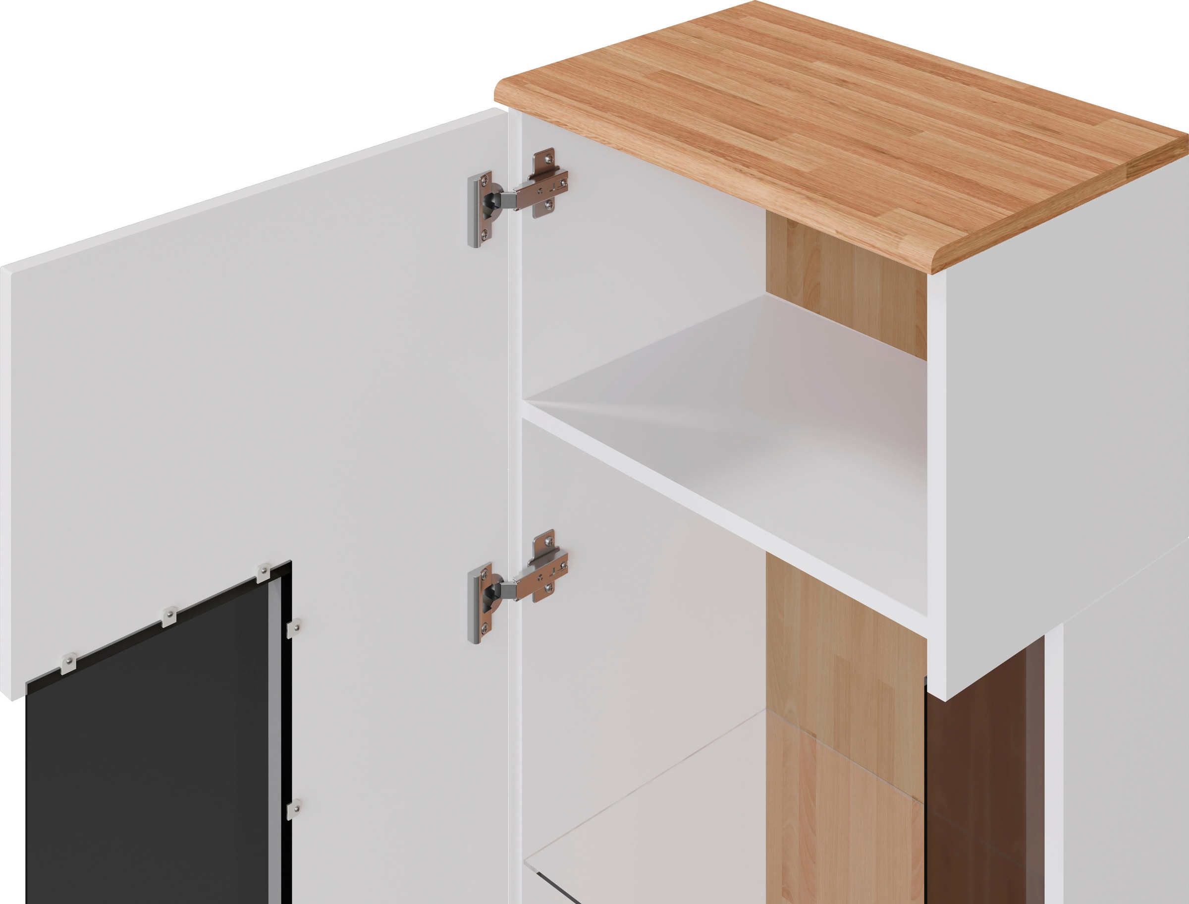 Home affaire Vitrine »Ribe,180cm hoch,5 Fächer,2 Glasböden variabel einsetzbar«, Oberplatte Eiche massiv,dunkles Glas, schwarze Metall Griffe