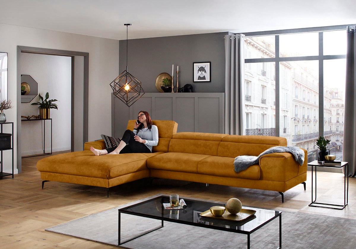 W.SCHILLIG Ecksofa »piedroo, Designsofa mit tollem Sitzkomfort, bequem, L-Form«, Kopfteilverstellung, wahlweise mit Sitztiefenverstellung, Breite 343cm