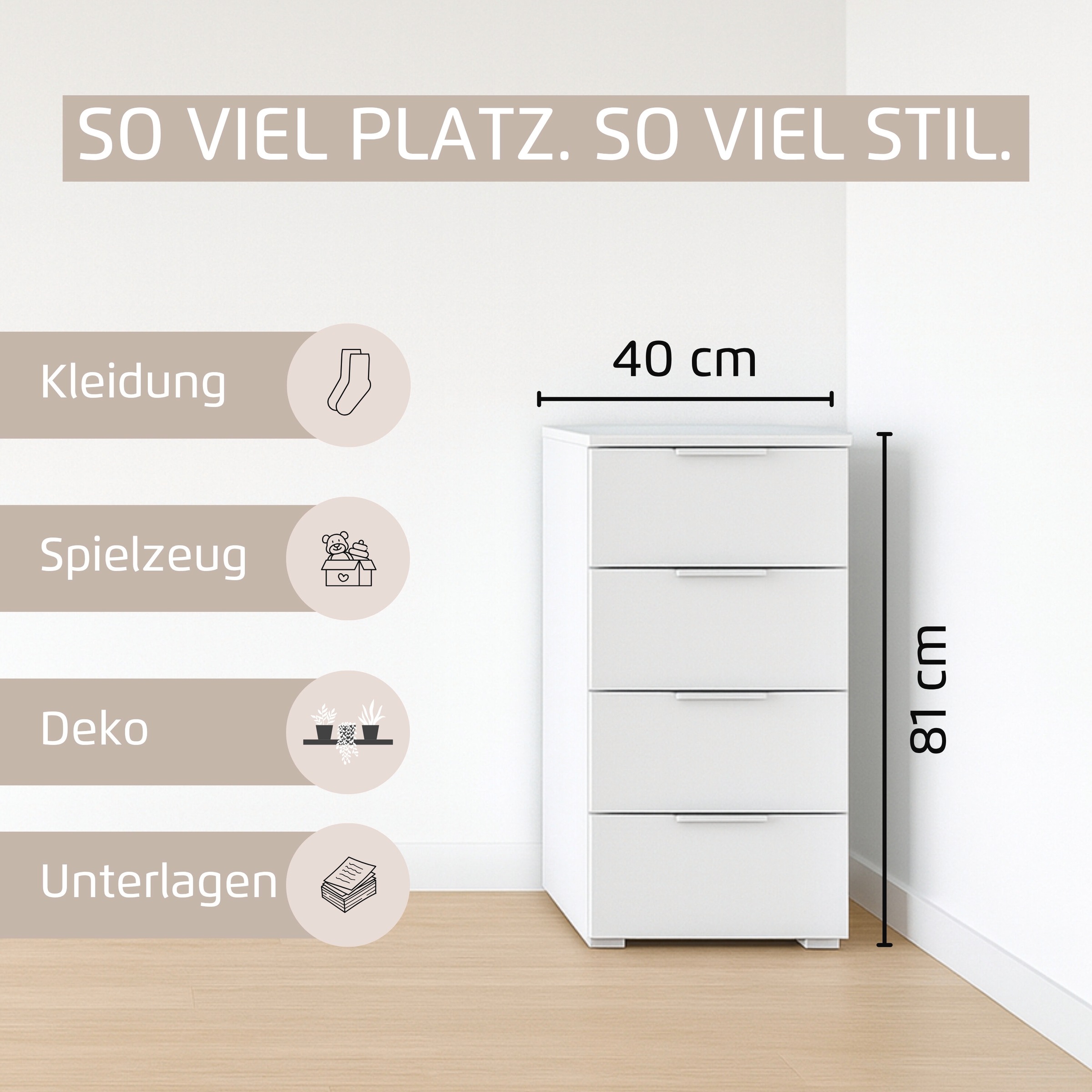 rauch Schubkastenkommode »Highboard Sideboard Schubladenkommode Kommode ASTANA« Breite 40 cm / Höhe 81 cm,  mit 4 geräumigen Schubladen, Kantengriff in Alufarben MADE IN GERMANY