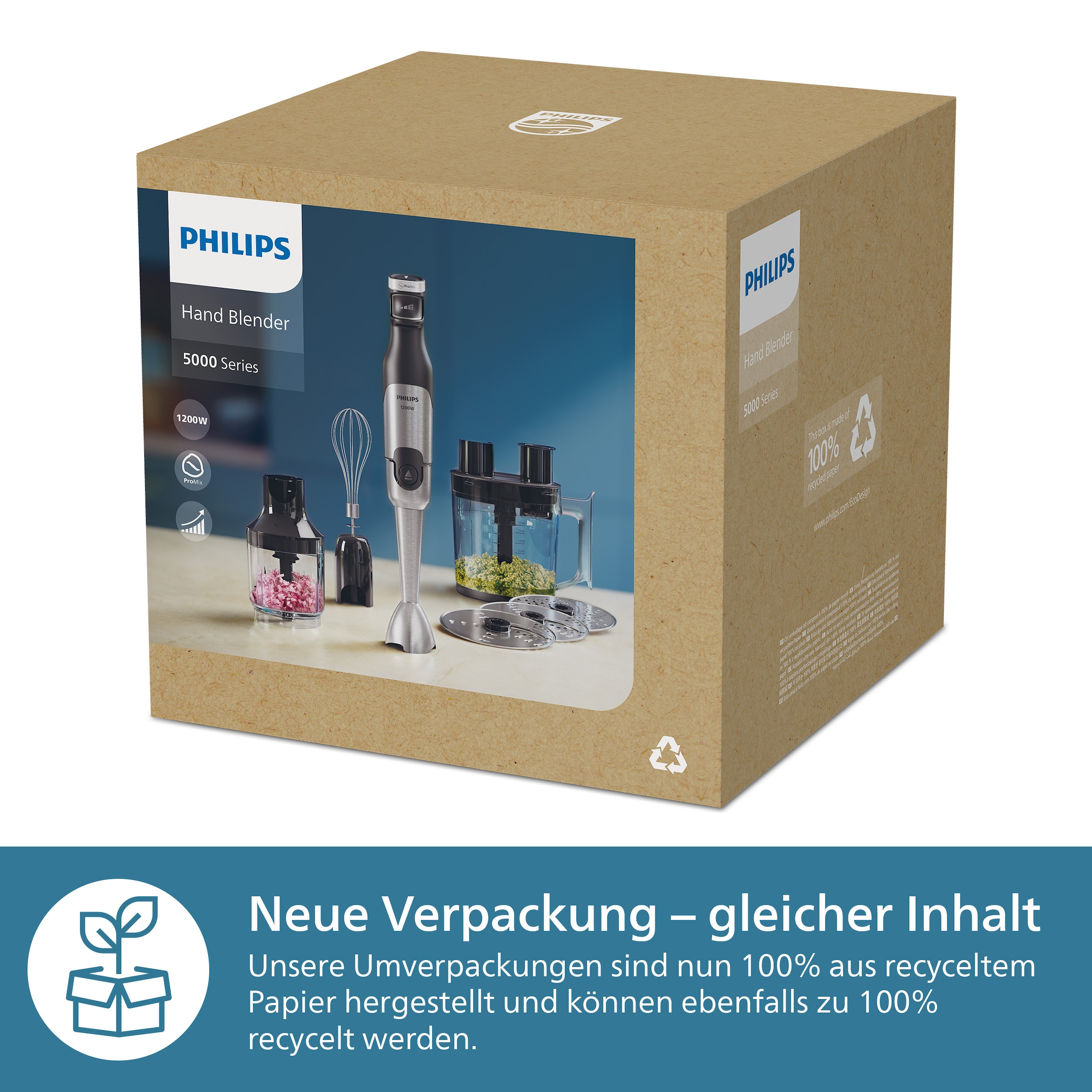 Philips Stabmixer »HR2685/00 5000 Series, mit ProMix-Technologie, Becher,«, 1200 W, Schneebesen, Foodprozessoraufsatz und Zerkleinerer; Edelstahl/Schwarz