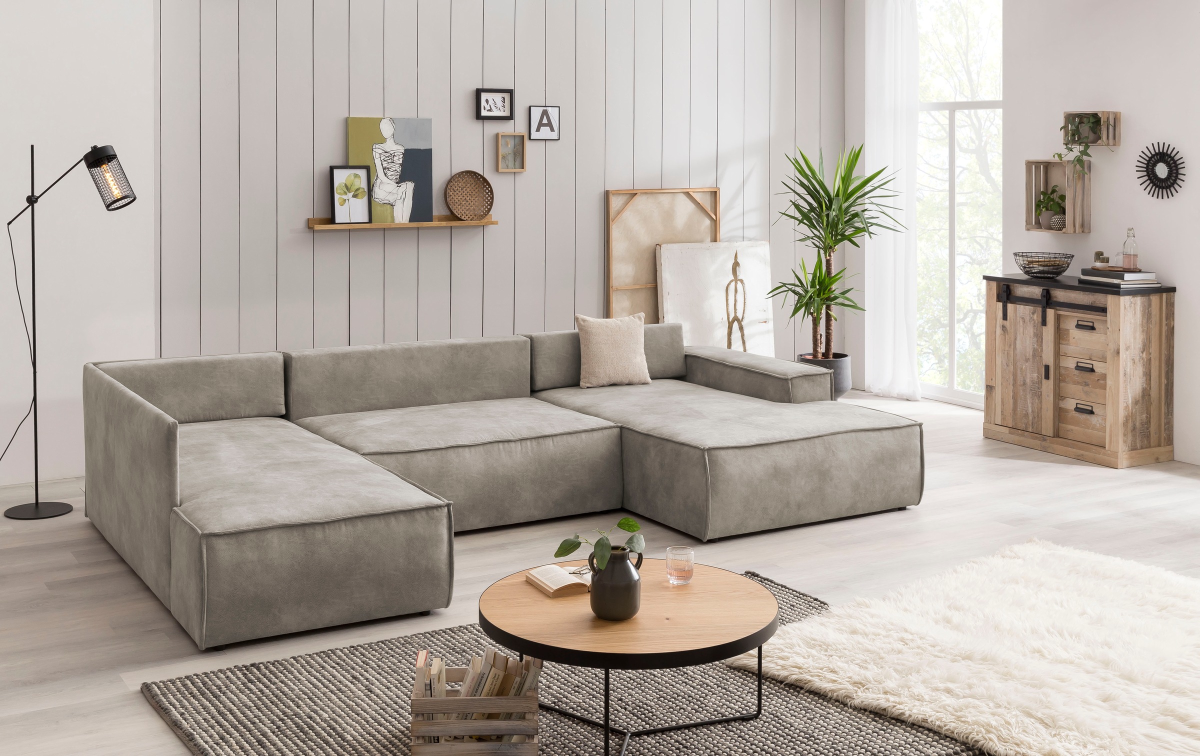 Home affaire Wohnlandschaft »SHERWOOD 329 cm, U-Form, Schlafsofa,«, Schlaffunktion m. Bettkasten (194x139 cm), Cord, Vintage, Samtvelours