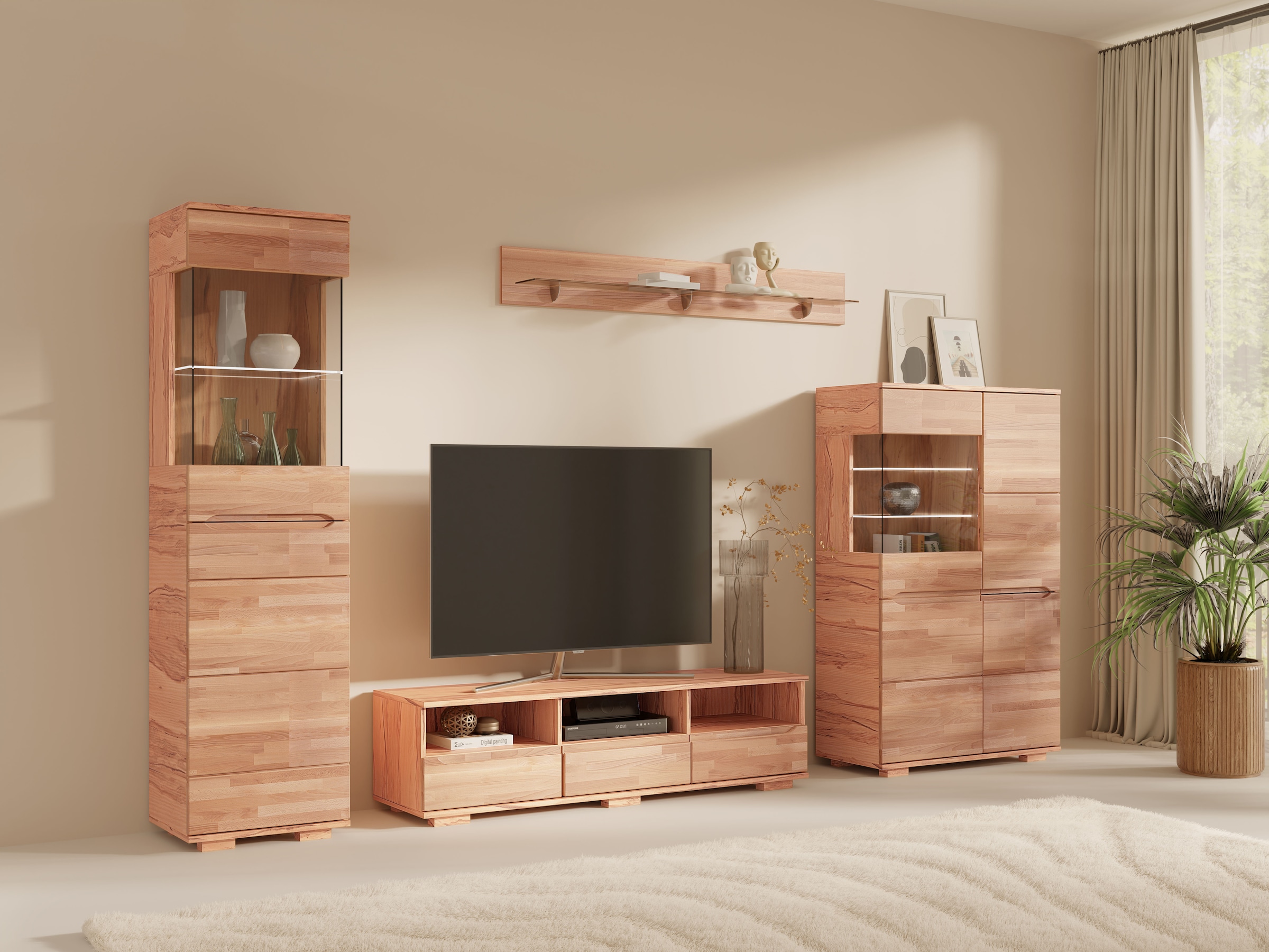 OTTO home Lowboard »VETRO Teilmassiv, Fronten Massivholz, Wohnzimmer, Stauraum,Griffmulde« B/T/H:150/40/40 cm, 3 Schubladen, 3 offene Fächer, kabeldurchführung