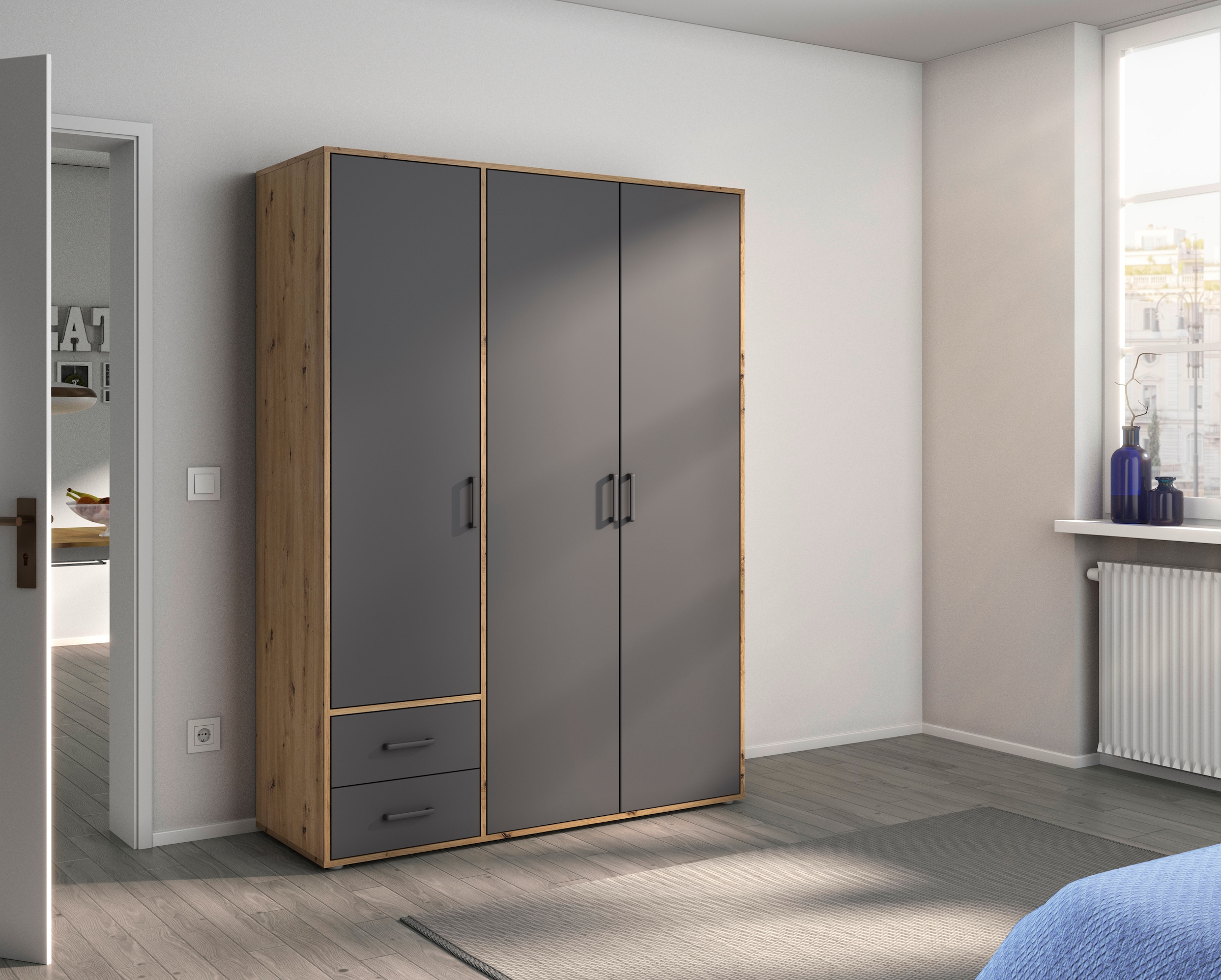 rauch Drehtürenschrank »Kleiderschrank Schrank Garderobe Wäscheschrank VOYAGER«, (in 3 verschiedenen Ausstattungen BASIC/CLASSIC/PREMIUM), moderne Griffe in Graumetallic mit Außenschubkästen MADE IN GERMANY