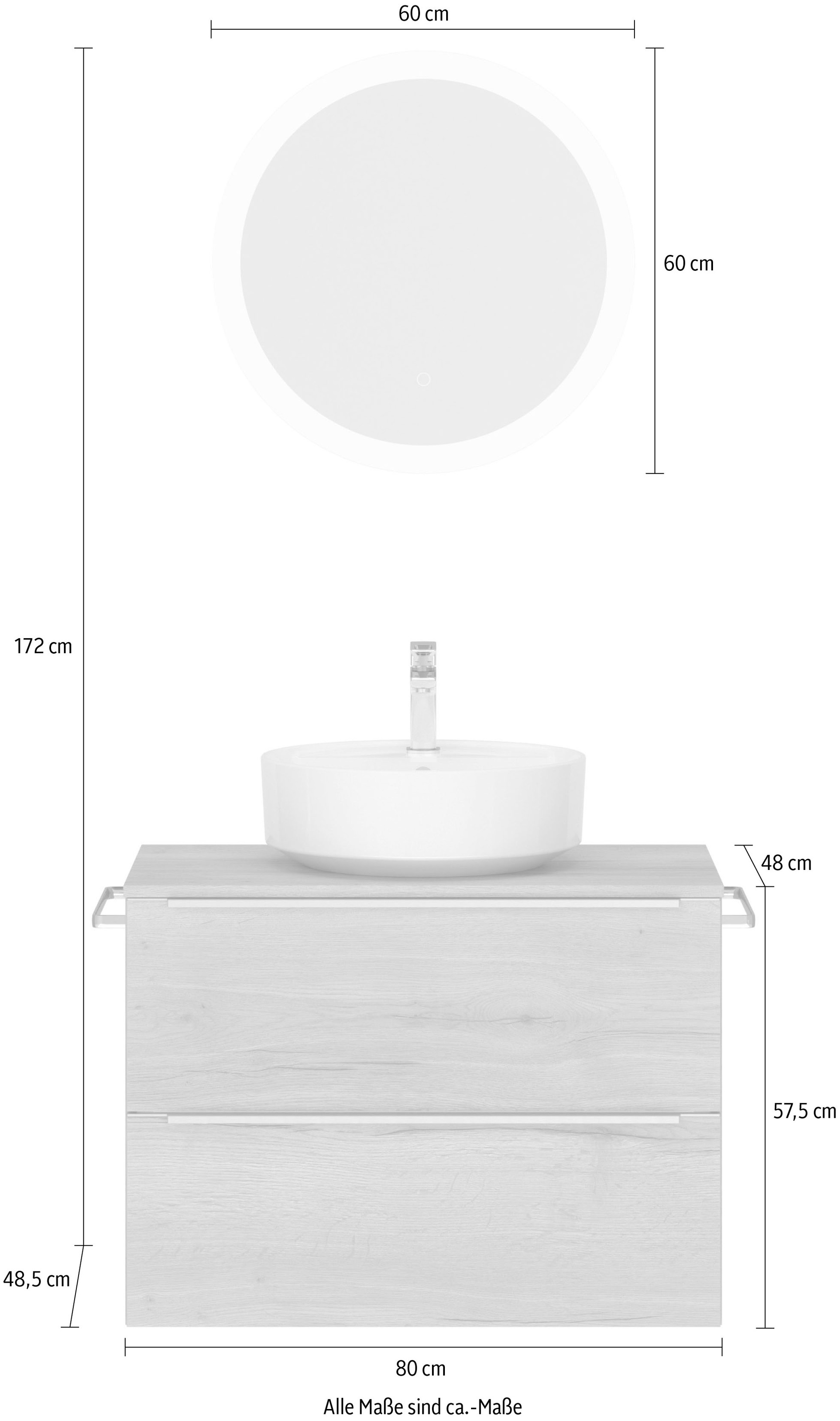 nobilia® Badmöbel-Set »Alvene«, (2 St., vormontiert, mit Soft-Close), Hochglanz, inkl. Spiegel mit Touch-Sensor, in vier Breiten
