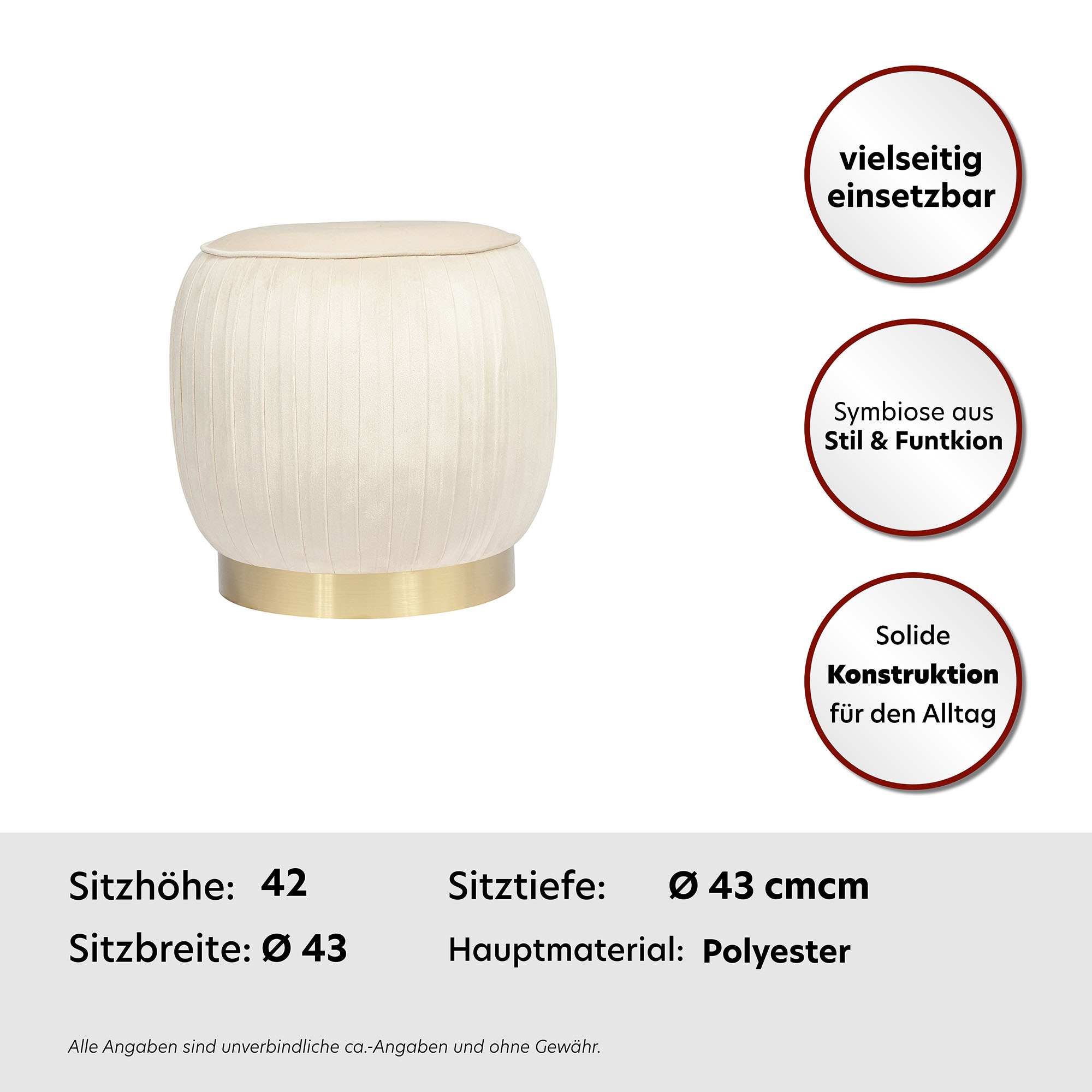 Kayoom Polsterhocker »Hocker Lyla 125, Edler Touch durch goldenen Sockel,  Samtbezug« 1 Stk. tlg. samtweich, gesteppte Ziernaht, Edelstahlsockel, Hochwertiger Samtbezug