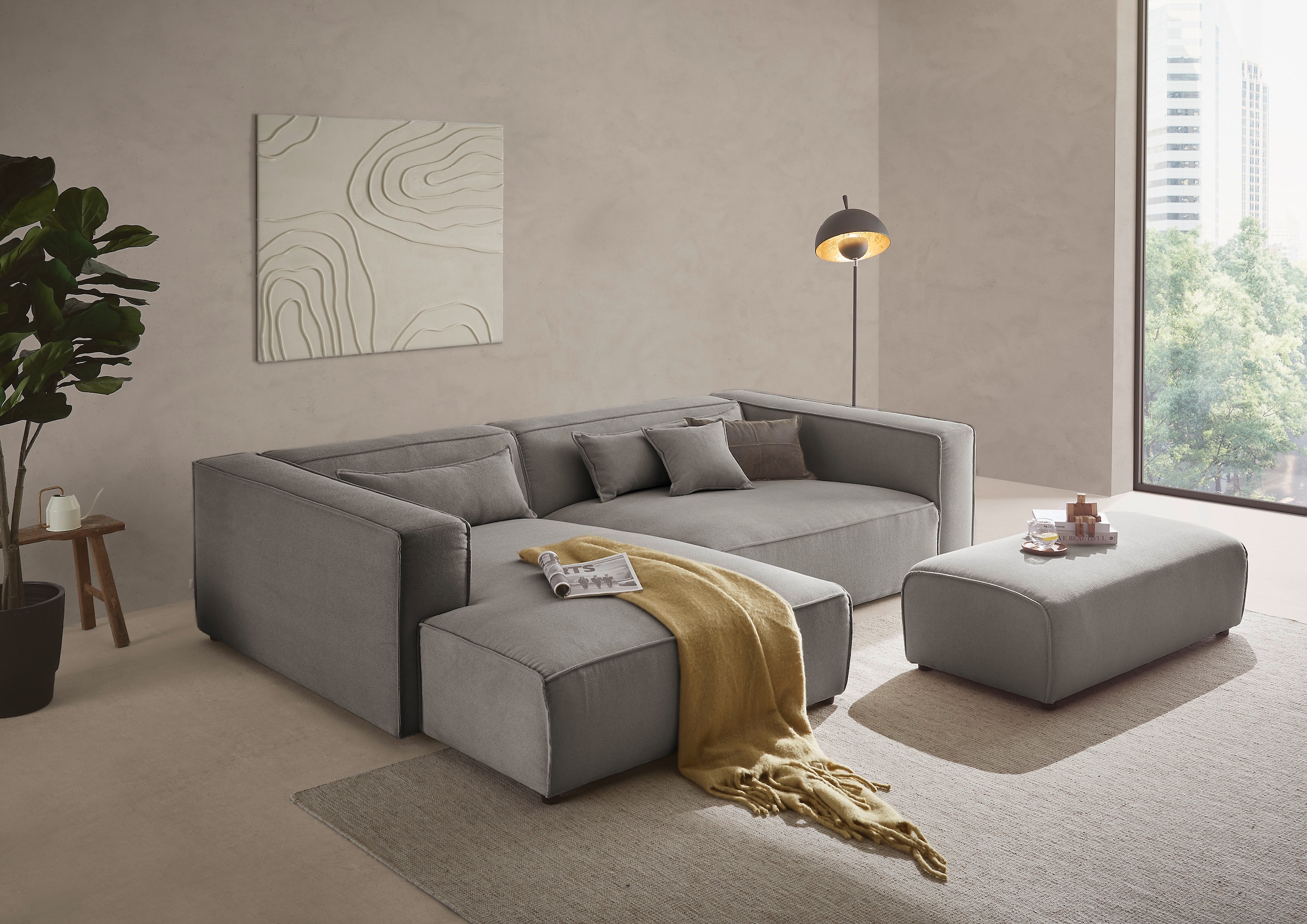 LeGer Home by Lena Gercke Polsterecke »PIARA XXL, L-Form mit Schlaffunktion, Big-Sofa in Cord o. Leinenoptik«, Hocker stellbar zum Schlafsofa (Krokodilverbinder), tiefe Sitzfläche