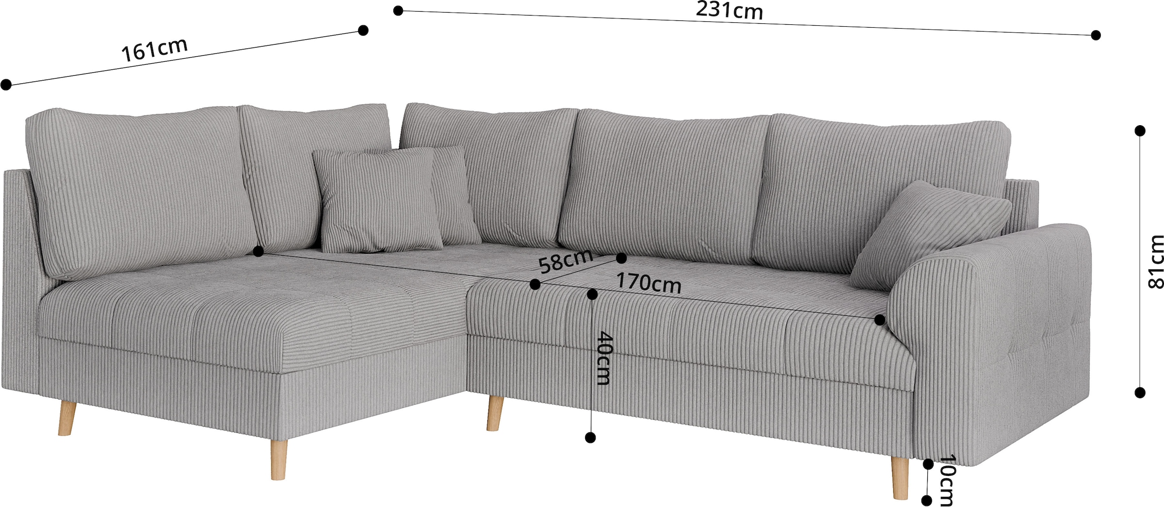 Home affaire Ecksofa »CHARRE L-Form mit Ottomane, Maße B/T/H: 231/161/81 cm«, feine Steppung, lose Rücken- und Zierkissen, auch in Cord und Bouclé