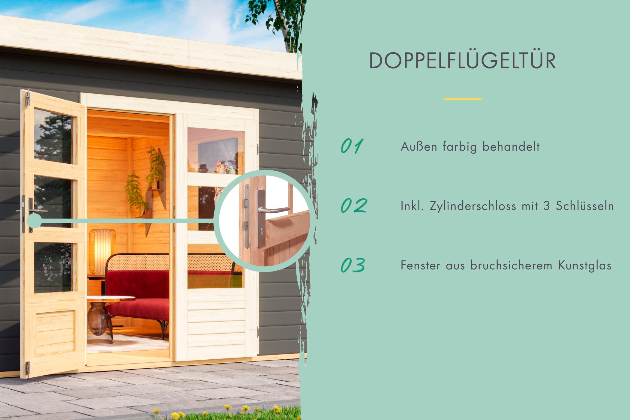 Karibu Gartenhaus »Schloßsee 2«, (Set), mit Anbaudach, Rückwand und Fußboden im Haus