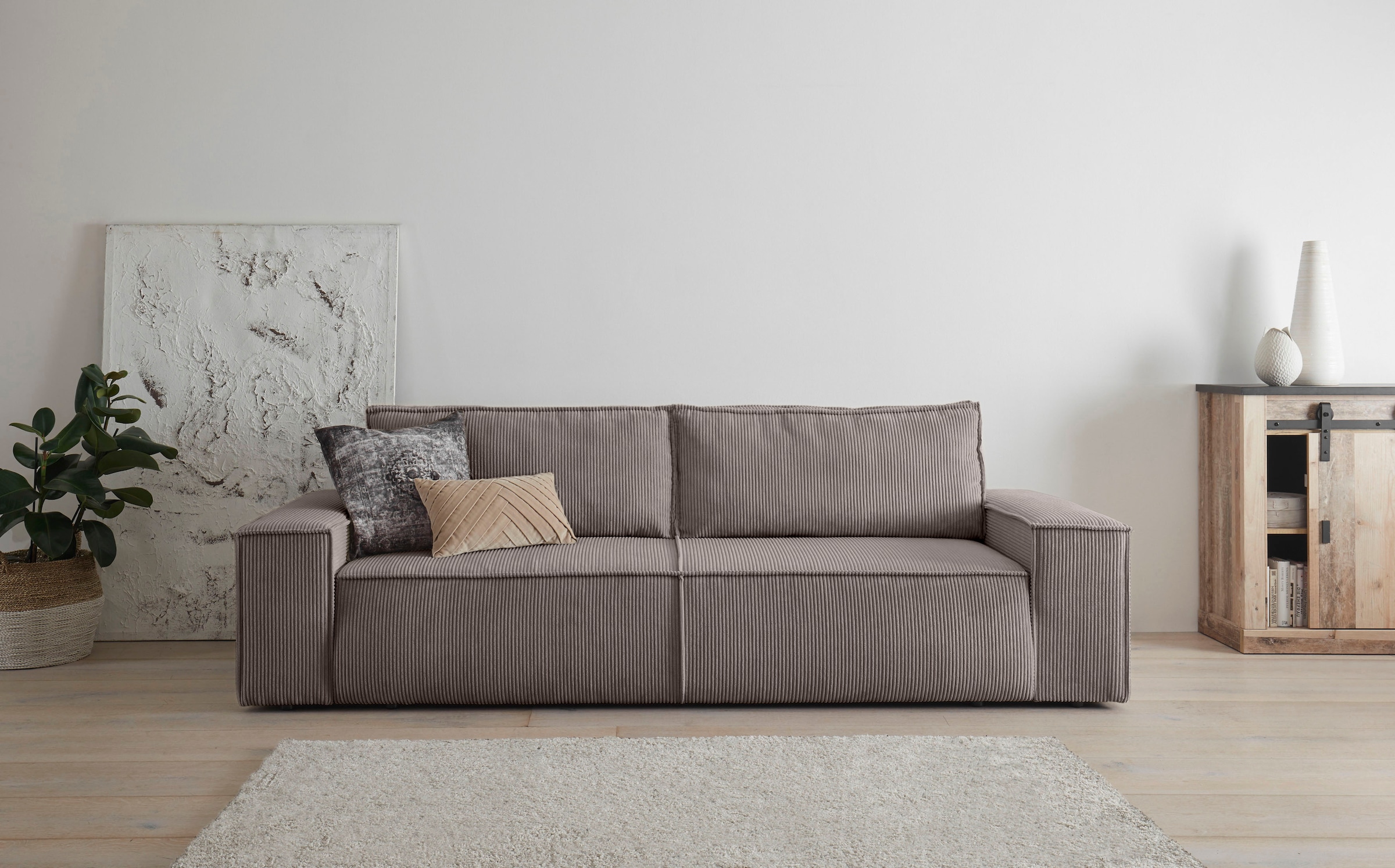 Home affaire 3-Sitzer »SHERWOOD Schlafsofa (257cm) Cord, Samtvelours, Vintage-Lederoptik«, Schlaffunktion mit Bettkasten (ca. 136/200cm)