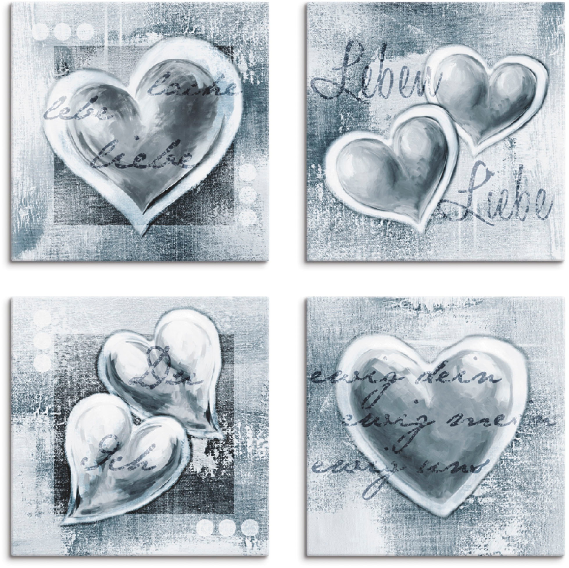 Artland Leinwandbild »Lache Lebe Liebe Herzen, 4er auf verschiedene St.), Größen bestellen (4 Set, Raten Leben«
