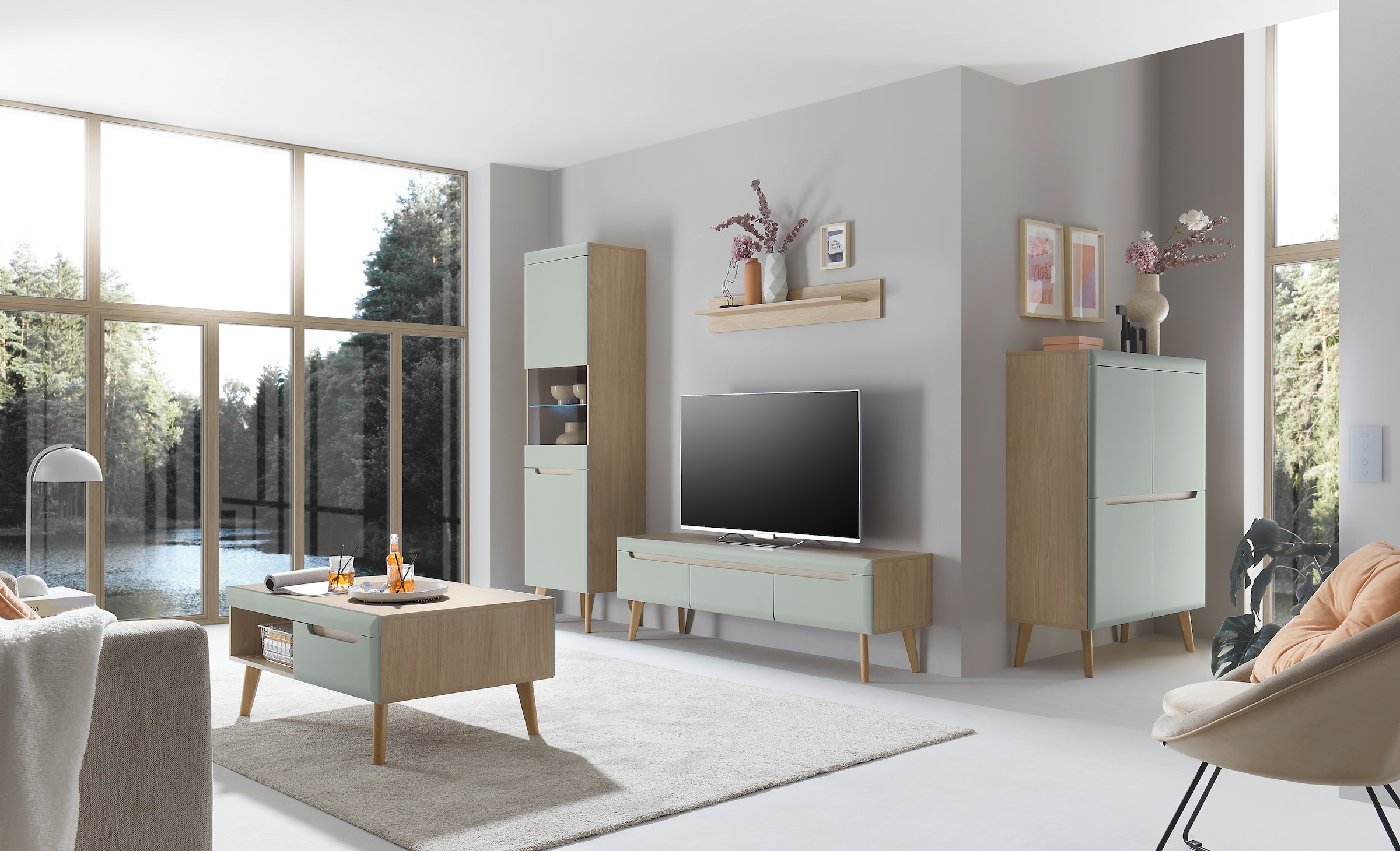INOSIGN Wohnwand »Torge, Anbauwand, Schrankwand, Mediawand, Wohnzimmer-Set«, (Set, 4 St.), enthält 1 Vitrine, 1 Lowboard, 1 Highboard + 1 Wandboard, 360 cm breit
