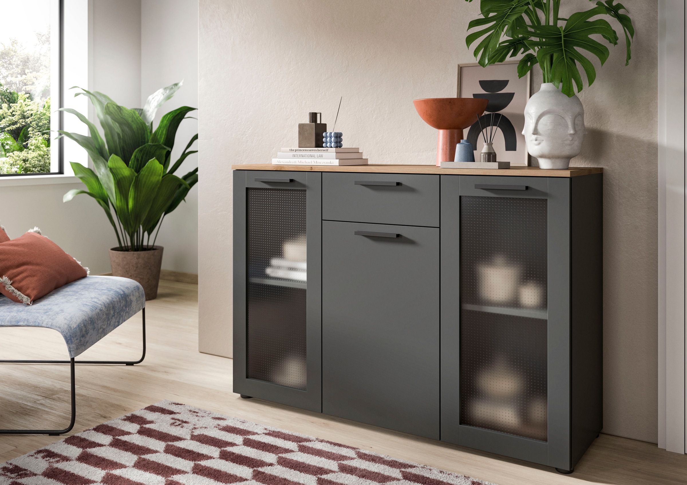 INOSIGN Sideboard »SALKIN, Breite 120cm, 3 Türen (2 mit ESG-Ornamentglas), günstig online kaufen