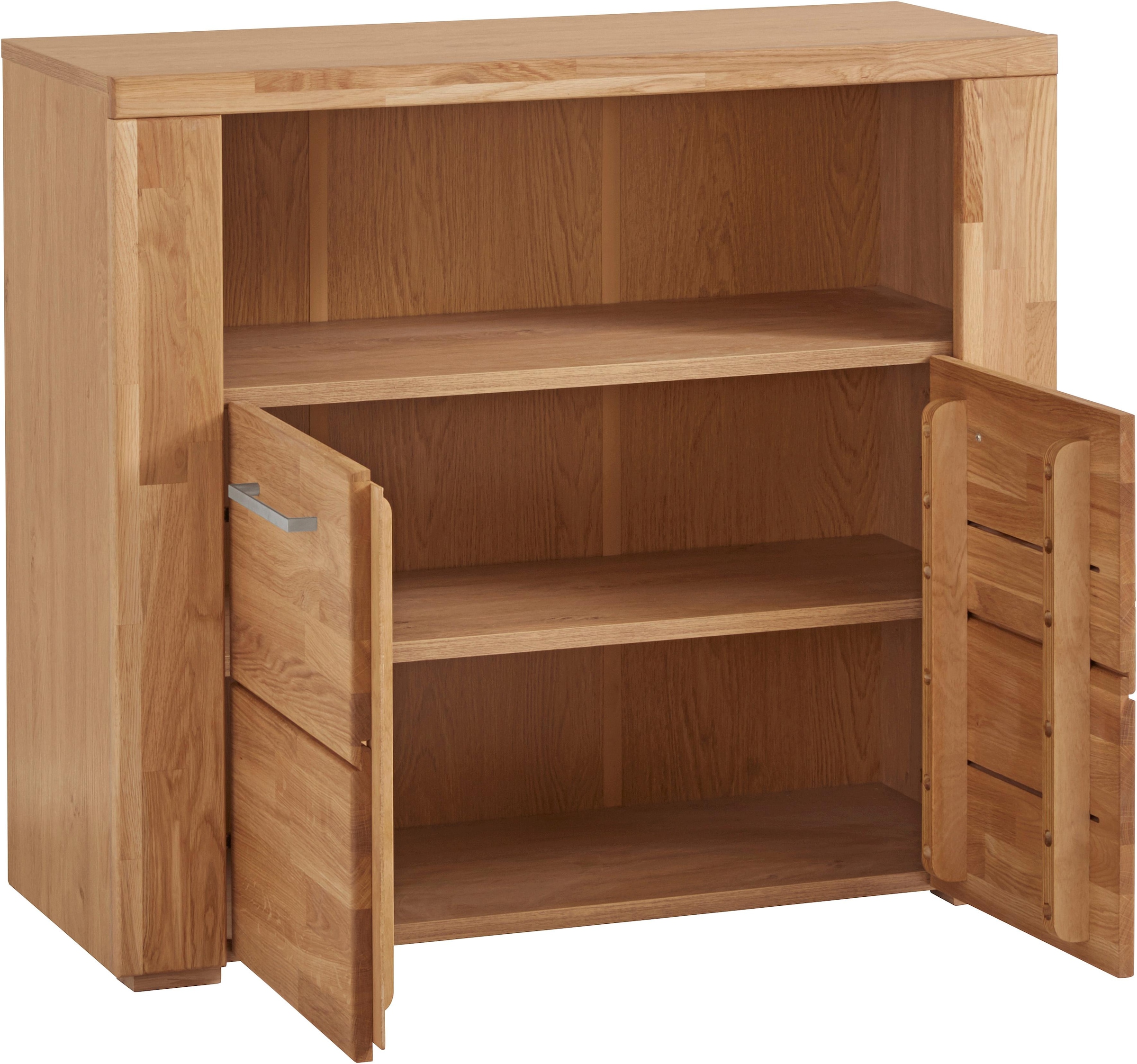 Home affaire Kommode »Celle,90cm breit,35 cm tief, Fronten Massivholz«, Holz massiv, Holzwerkstoff, Metall Griffe,3 breite Fächer