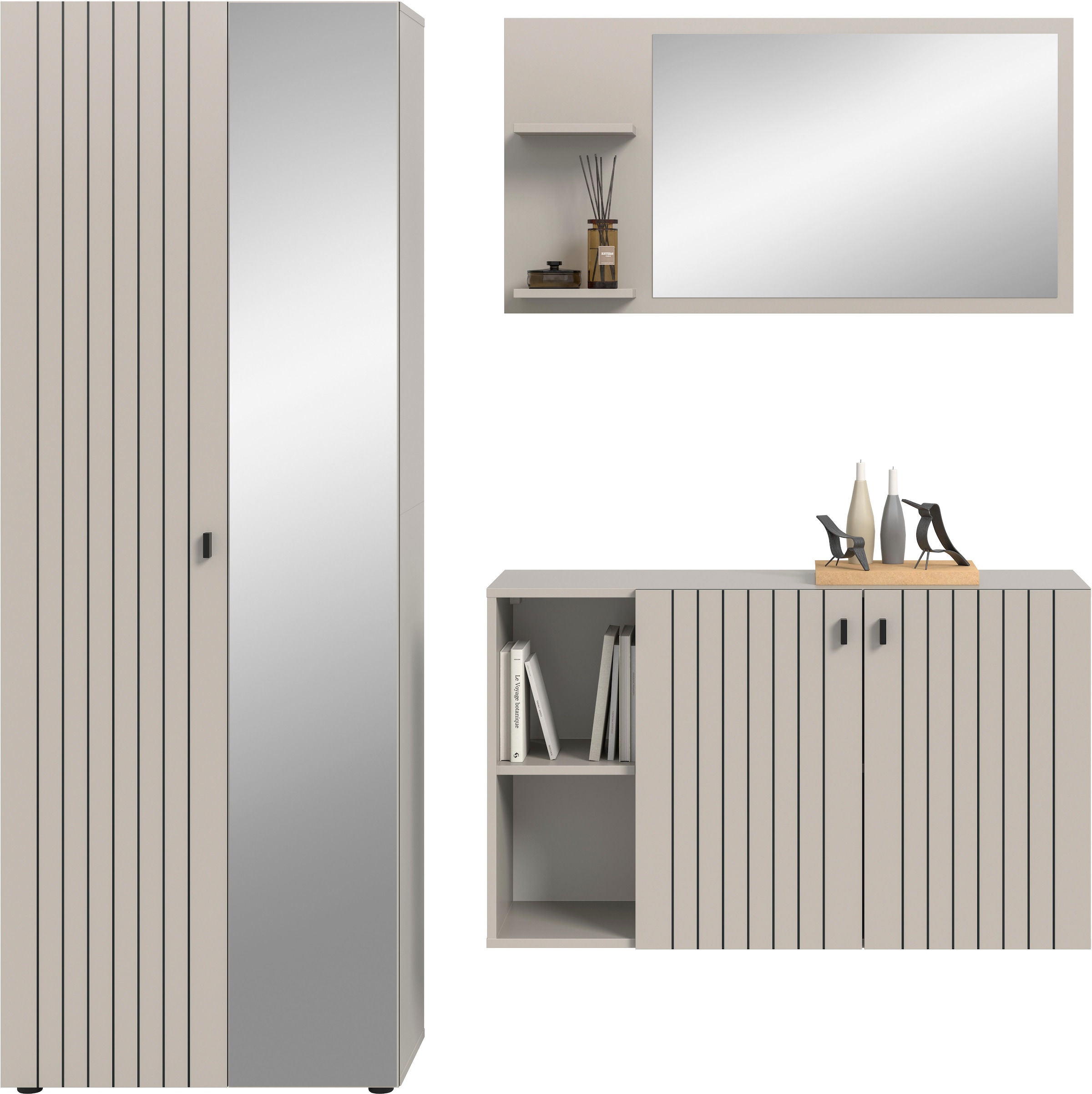 INOSIGN Garderoben-Set »TATIO, 3-tlg. Garderobenkombination, Breite: 191 cm, Rillenfräsung« Set, Set, best. aus: 1 Spiegel, 1 Garderobenschrank, 1 Schuhkommode, 3 Stk. tlg.