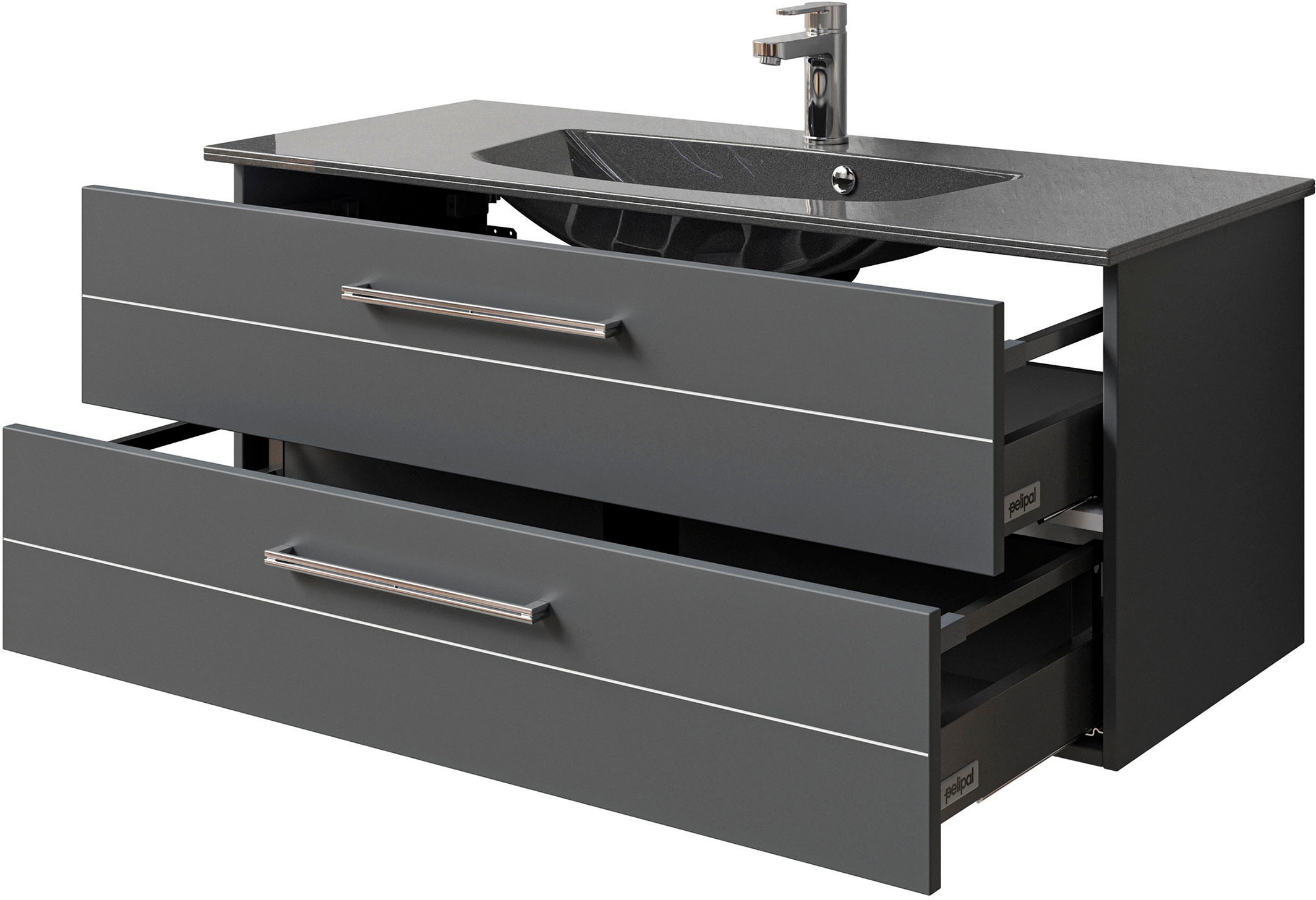 Saphir Badmöbel-Set »Serie 6025 2-teilig Mineralmarmor-Waschtisch mit LED-Spiegelschrank«, (2 St.), Waschplatz 117cm breit, 2 Schubladen, 3 Spiegel-Türen, inkl Türdämpfer