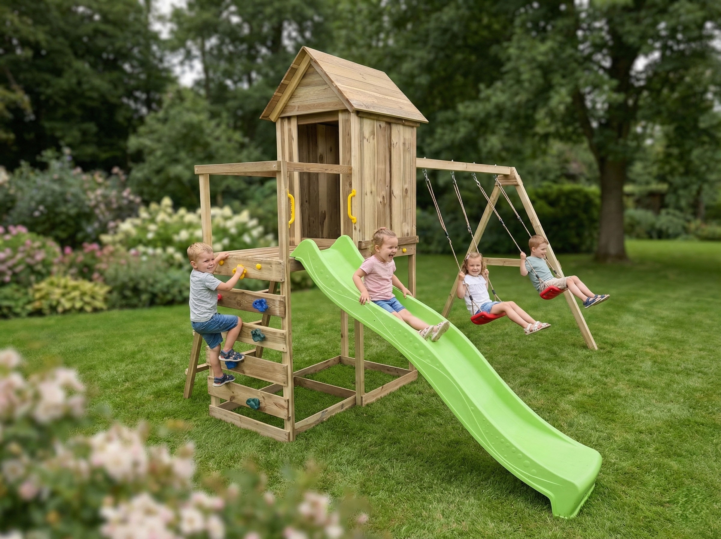 FUNGOO Spielturm »MaxPlay 5« mit Spielhaus, Rutsche, Doppelschaukel, Kletterwand