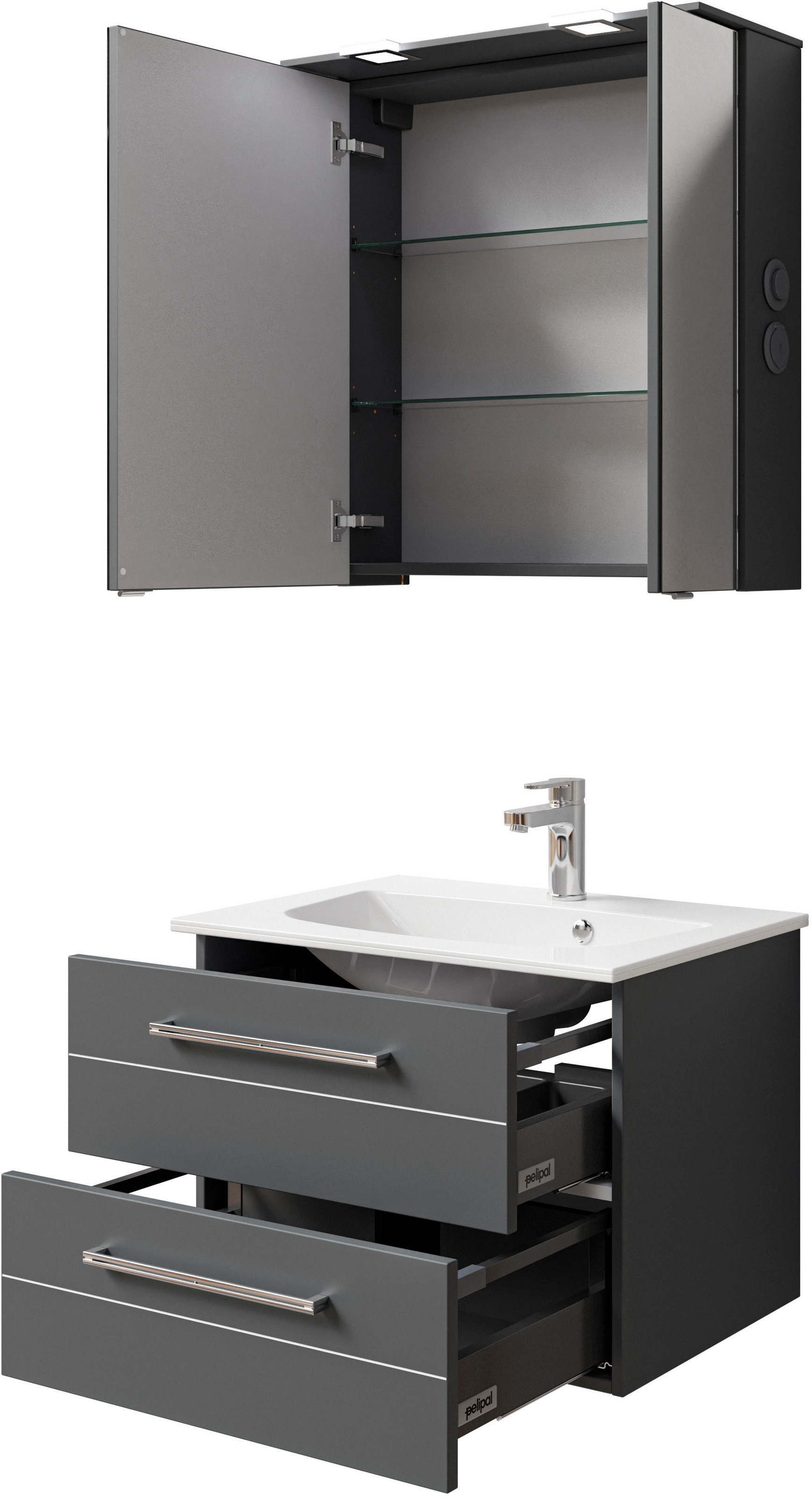 Saphir Badmöbel-Set »Serie 6025 2-teilig Mineralmarmor-Waschtisch mit LED-Spiegelschrank«, (2 St.), Waschplatz 67 cm breit, 2 Schubladen, 2 Spiegel-Türen, inkl Türdämpfer